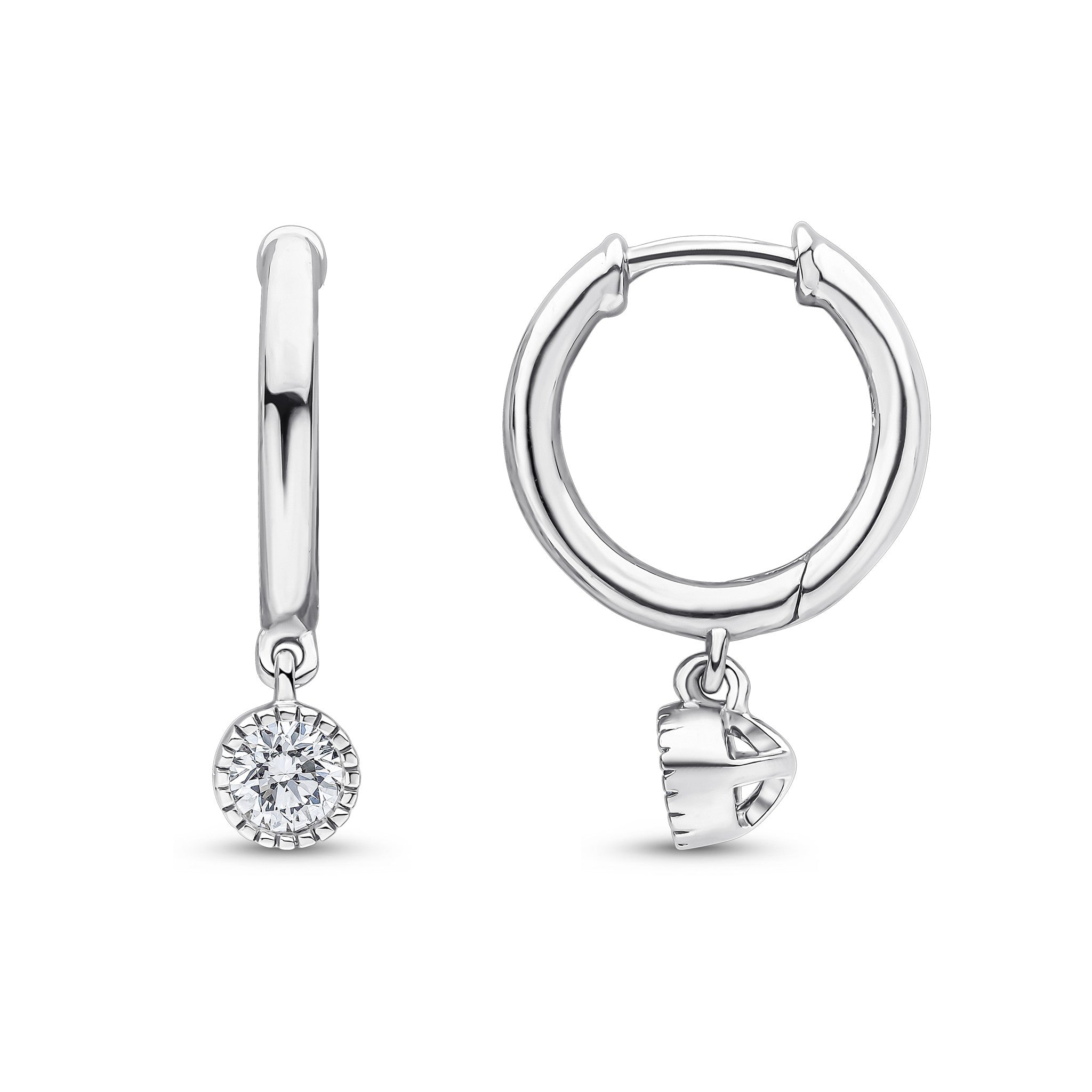 18CT WG PLAIN HOOP WITH MILLEGRAIN SET ROUND DIAMOND DROP. 0.30CT