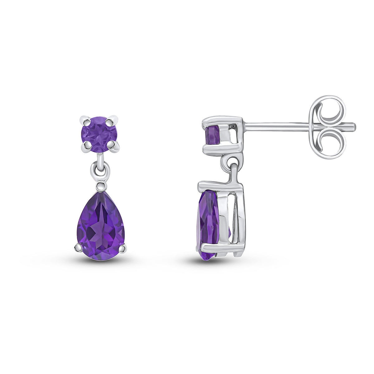 9CT WG ROUND AND PEARSHAPE AMETHYST 2ST CLAW SET DROP EARRINGS