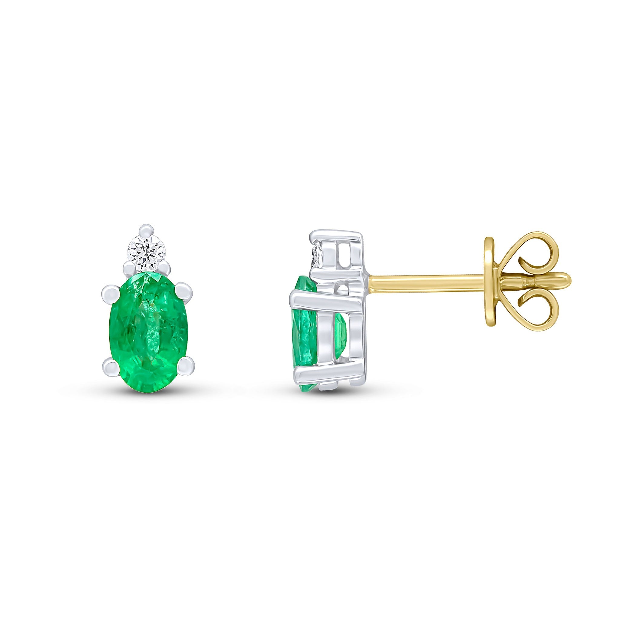 18CT YWG 6X4 OVAL EMERALD AND ROUND DIAMOND CLAW 2ST EARRINGS