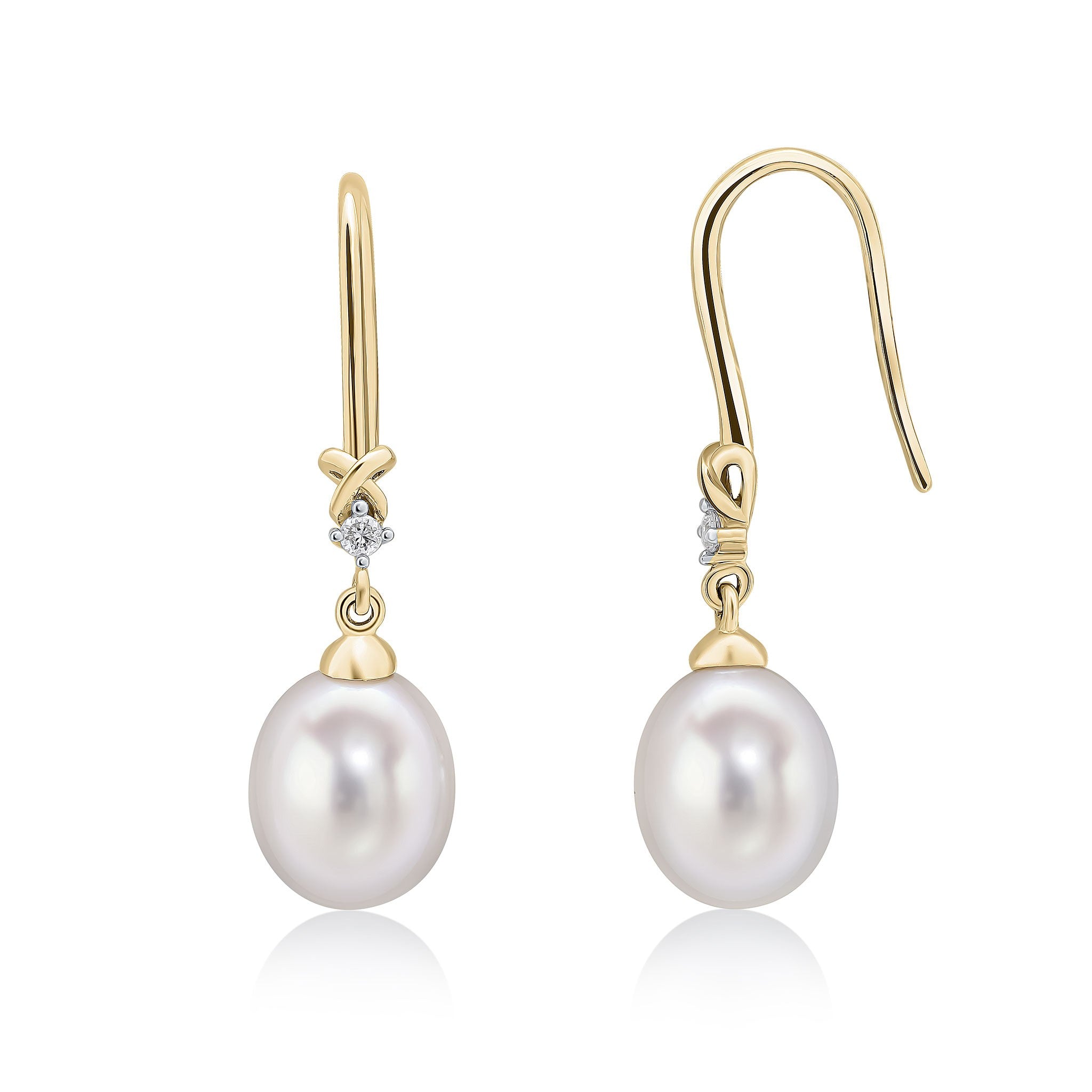 9CT YG CULTURED FRESHWATER PEARL AND DIAMOND 2ST WIRE HOOK DROPS