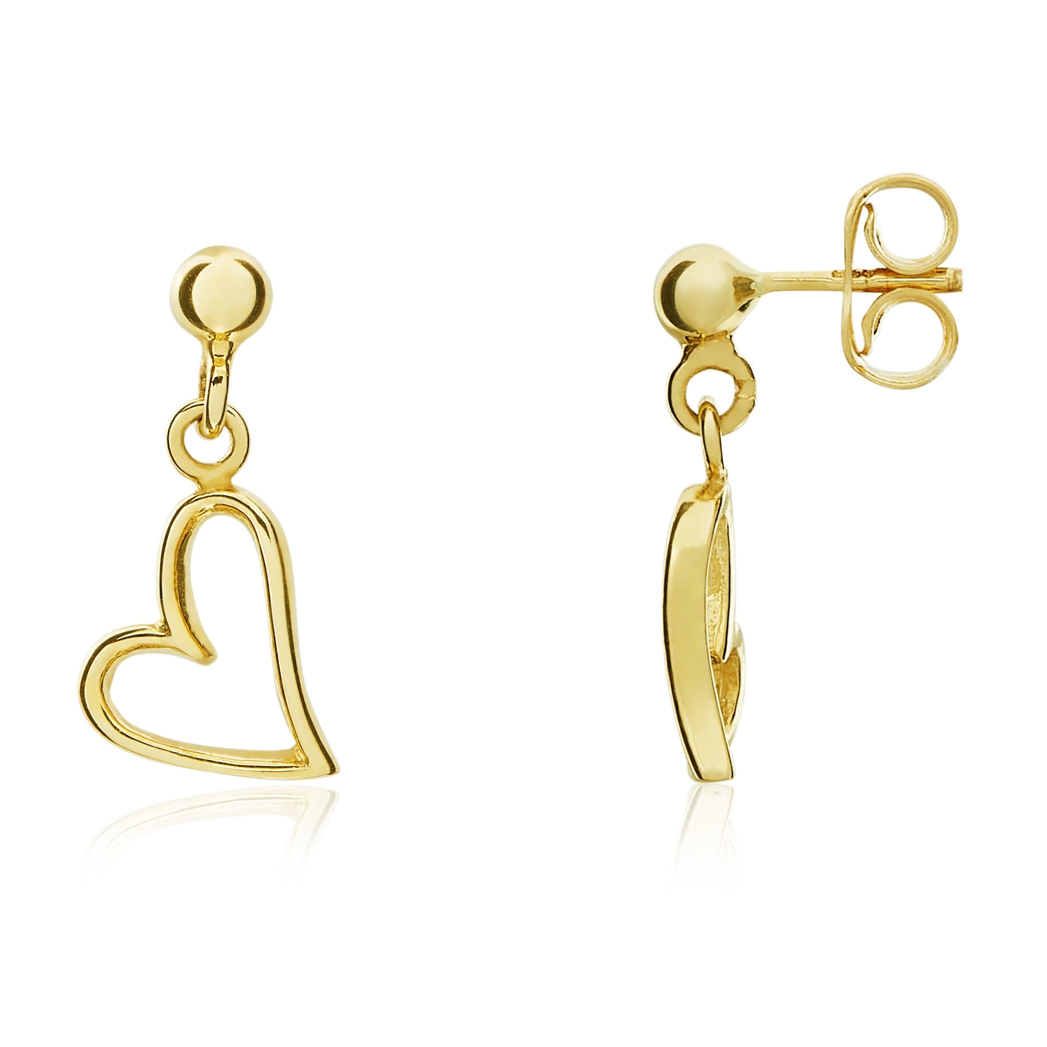9CT YELLOW GOLD OPEN HEART DROP EARRINGS WITH BALL STUD TOPS