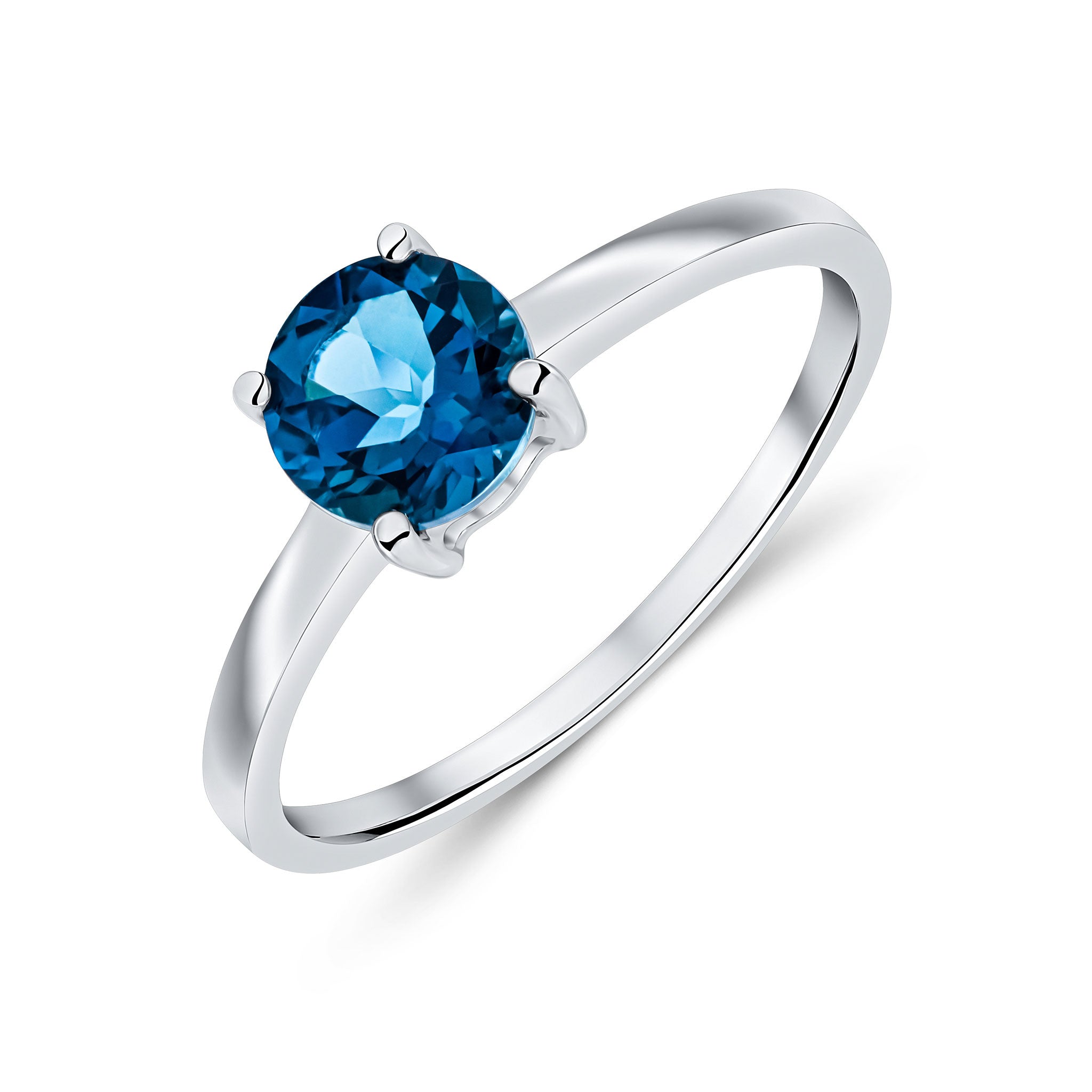 9CT WG 6MM ROUND LONDON BLUE TOPAZ CLAW SET SINGLE STONE RING