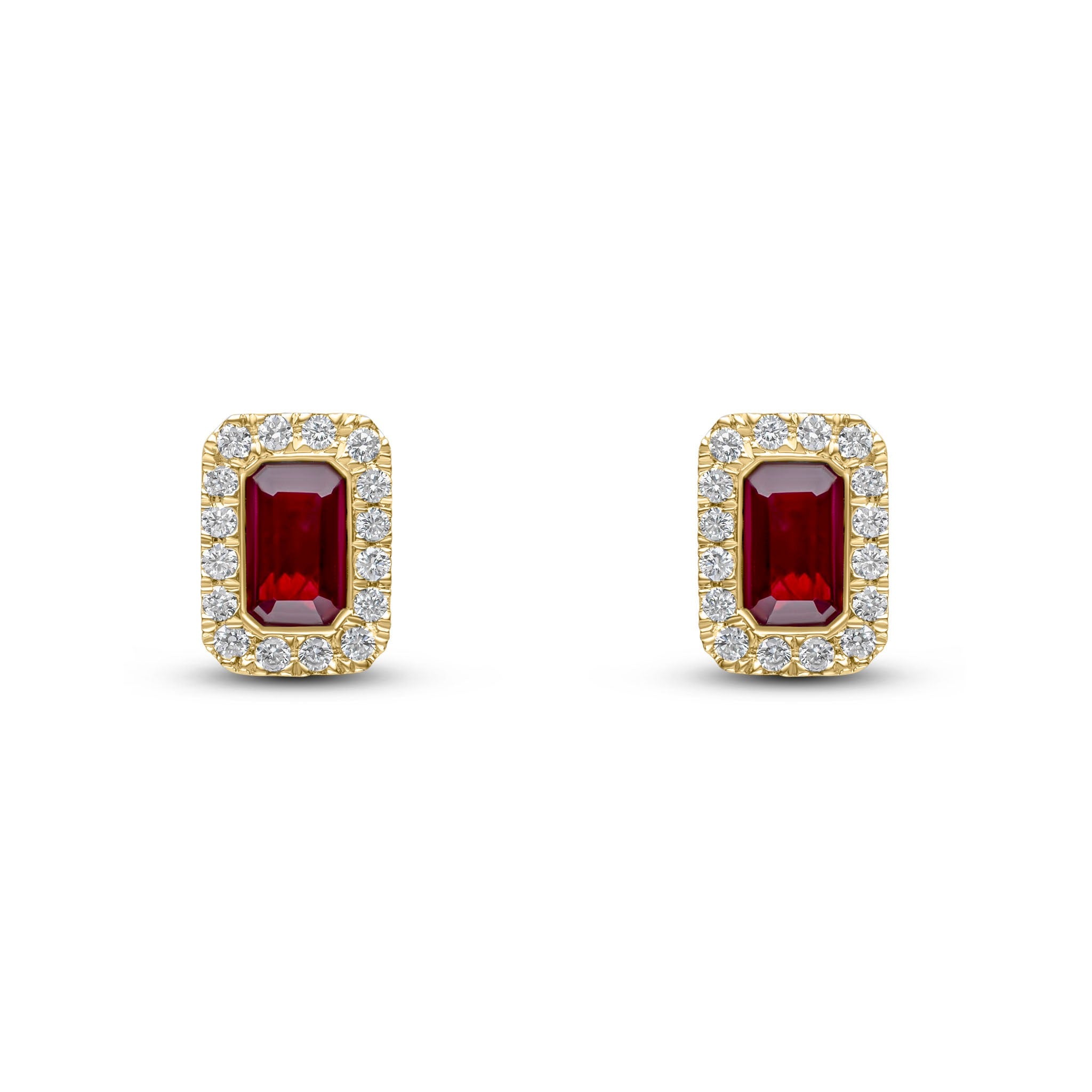 18CT YG 5X3 OCTAGON RUBY & DIAMOND MICROSET CLUSTER EARRINGS