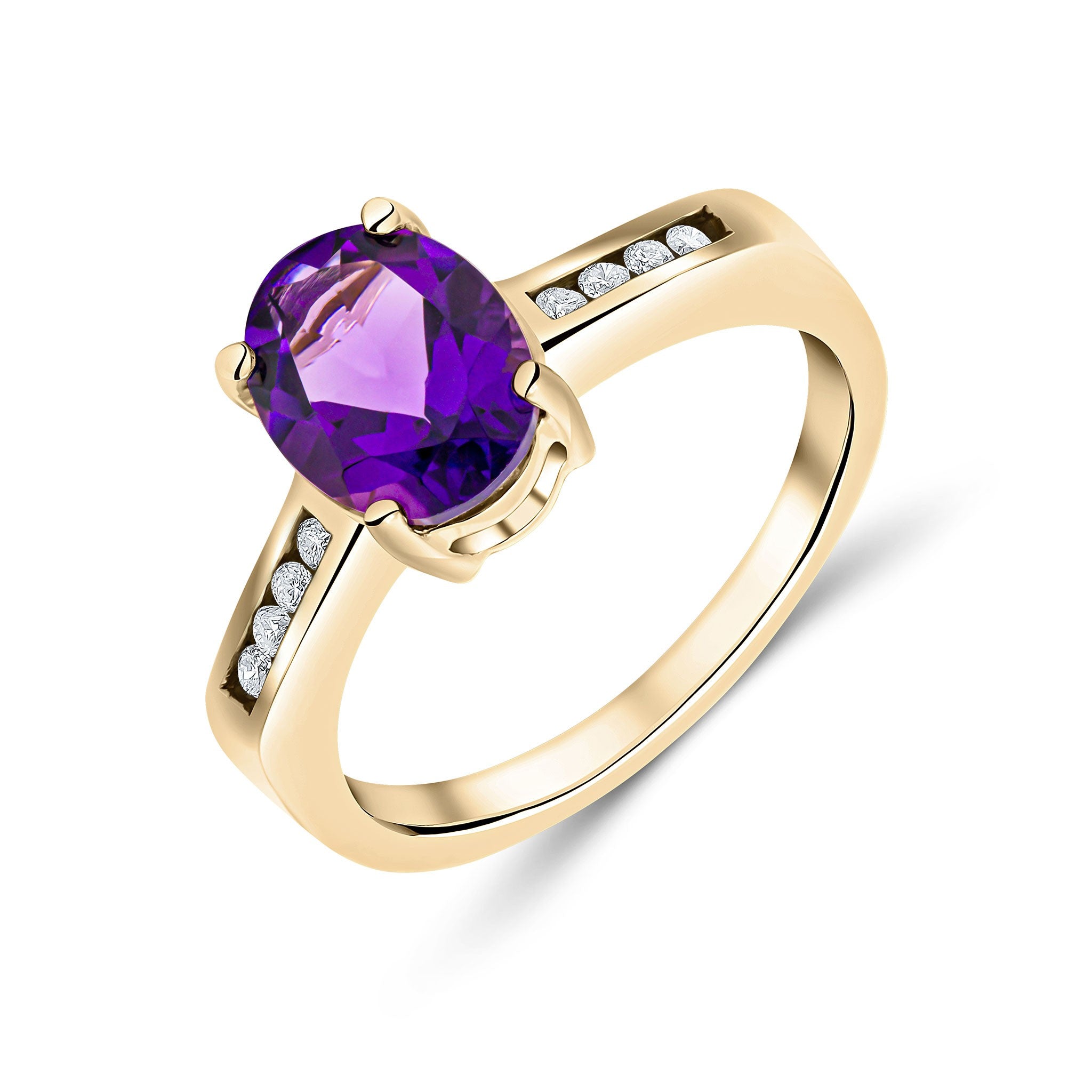9CT YG 9X7MM CLAW SET OVAL AMETHYST SINGLE STONE RING WITH CHANNEL SET DIAMOND SHOULDERS