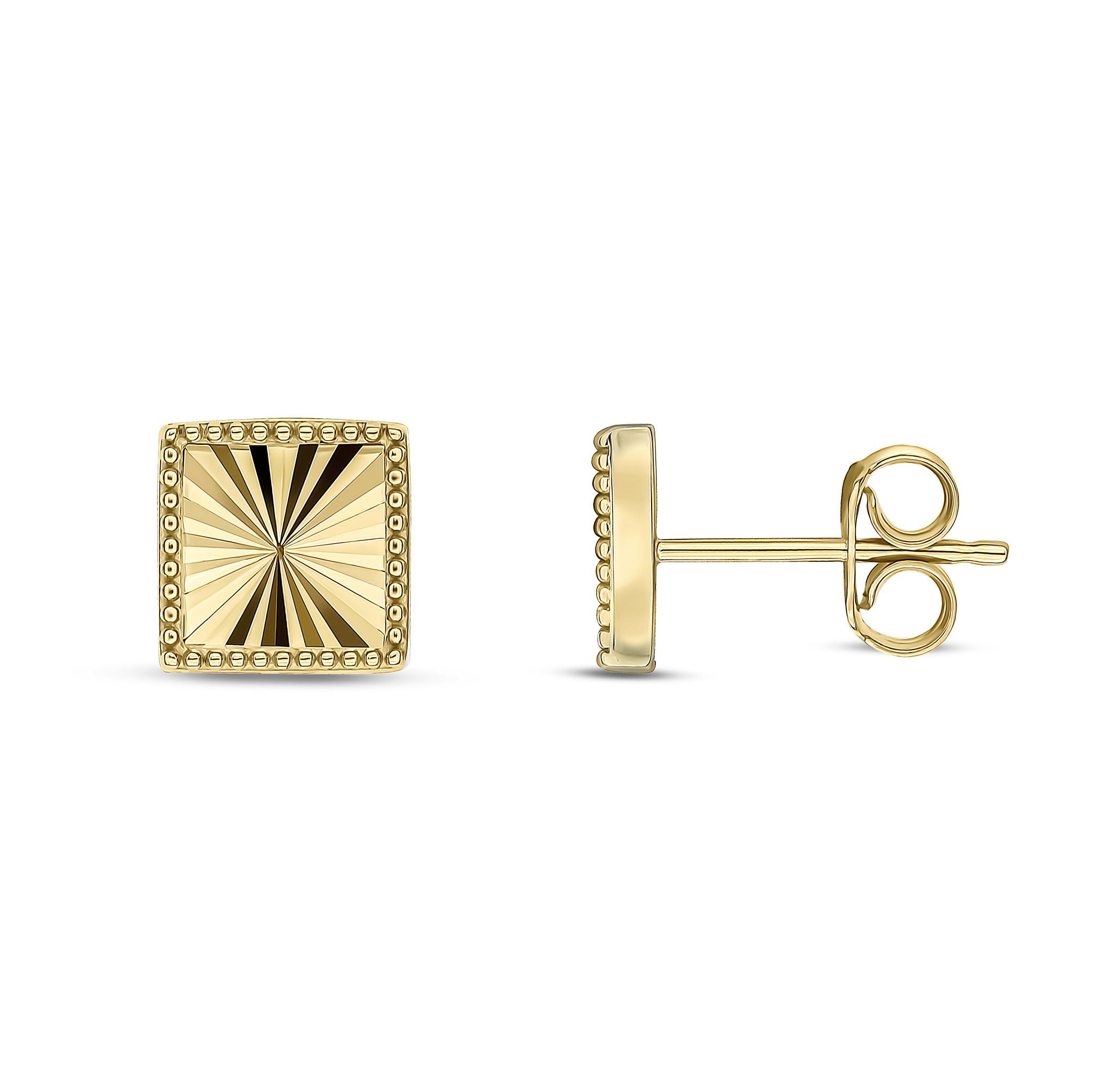9CT YG DIAMOND CUT SQUARE STUD EARRINGS WITH BEADED EDGE. LARGE