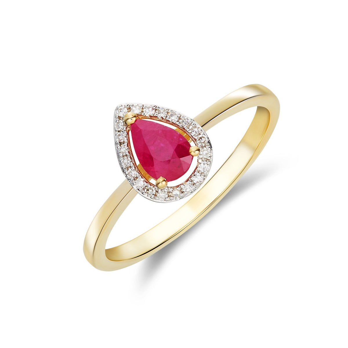 9CT YG 6X4 PEARSHAPE RUBY & DIAMOND HALO CLAW CLUSTER RING. RHDOIUM TO DIAMONDS