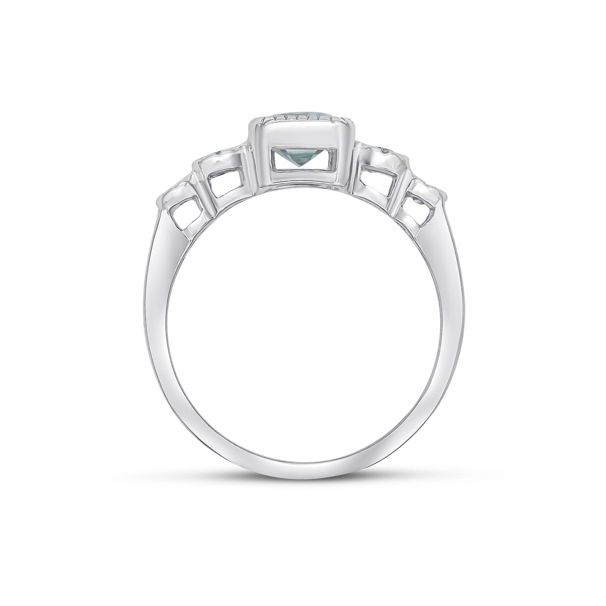 9CT WHITE GOLD MILLEGRAIN OCTAGON AQUA AND ILLUSION DIAMOND 4ST SHOULDERS RING