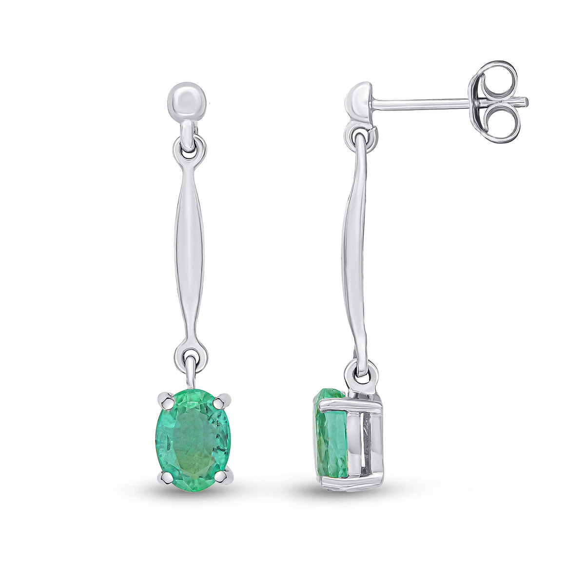 9CT WG 7X5MM OVAL EMERALD AND BAR DROP EARRINGS WITH BEAD TOP