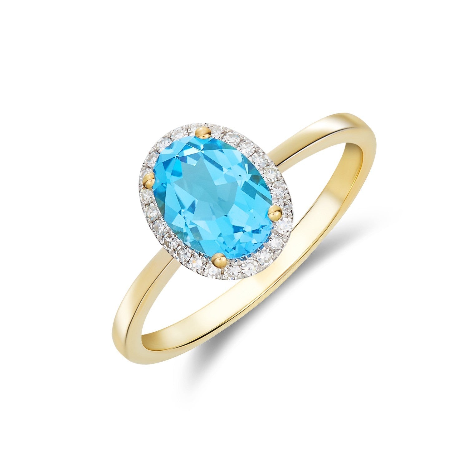 9CT YG 8X6 OVAL SWISS BLUE TOPAZ AND DIAMOND CLAW SET CLUSTER RING. RHODIUM TO DIAMONDS