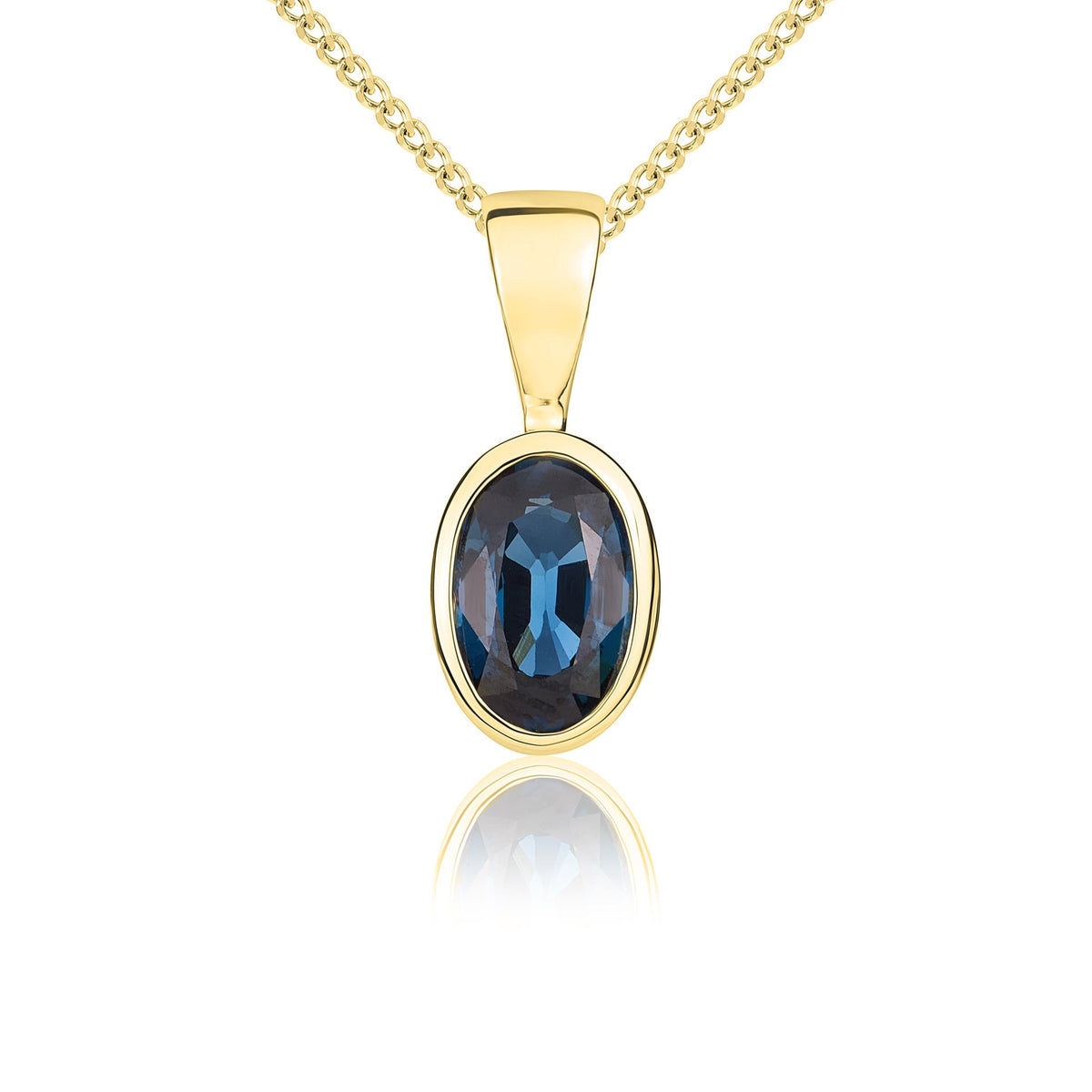 9CT YG 6X4 OVAL LONDON BLUE TOPAZ RUBOVER SET PENDANT