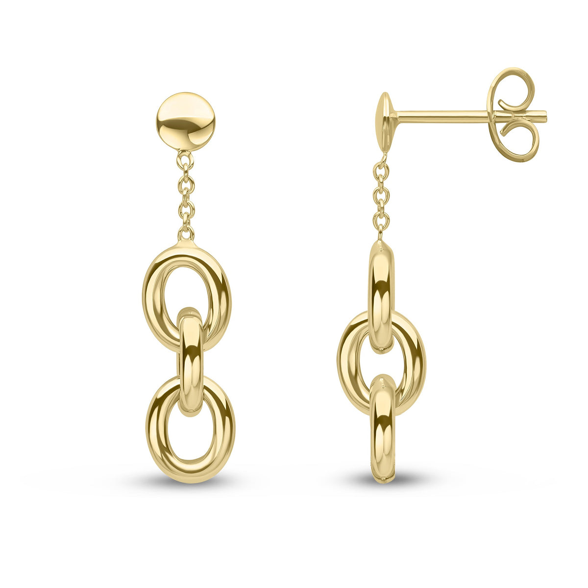 9CT YG OVAL LINKS & CHAIN DROP EARRINGS WITH FLAT DISC TOP