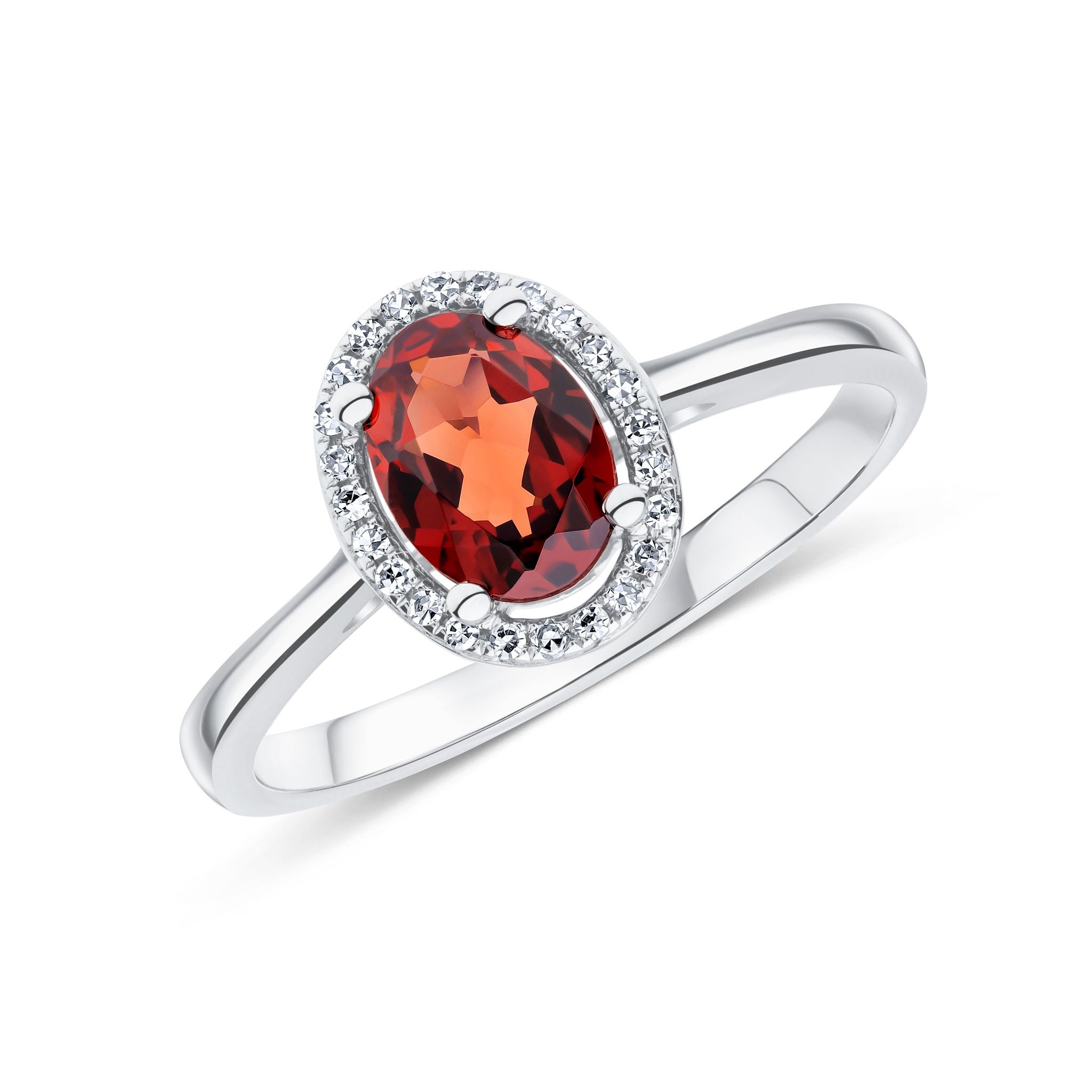 9CT WG 7X5 OVAL GARNET & ROUND DIAMOND HALO CLUSTER RING