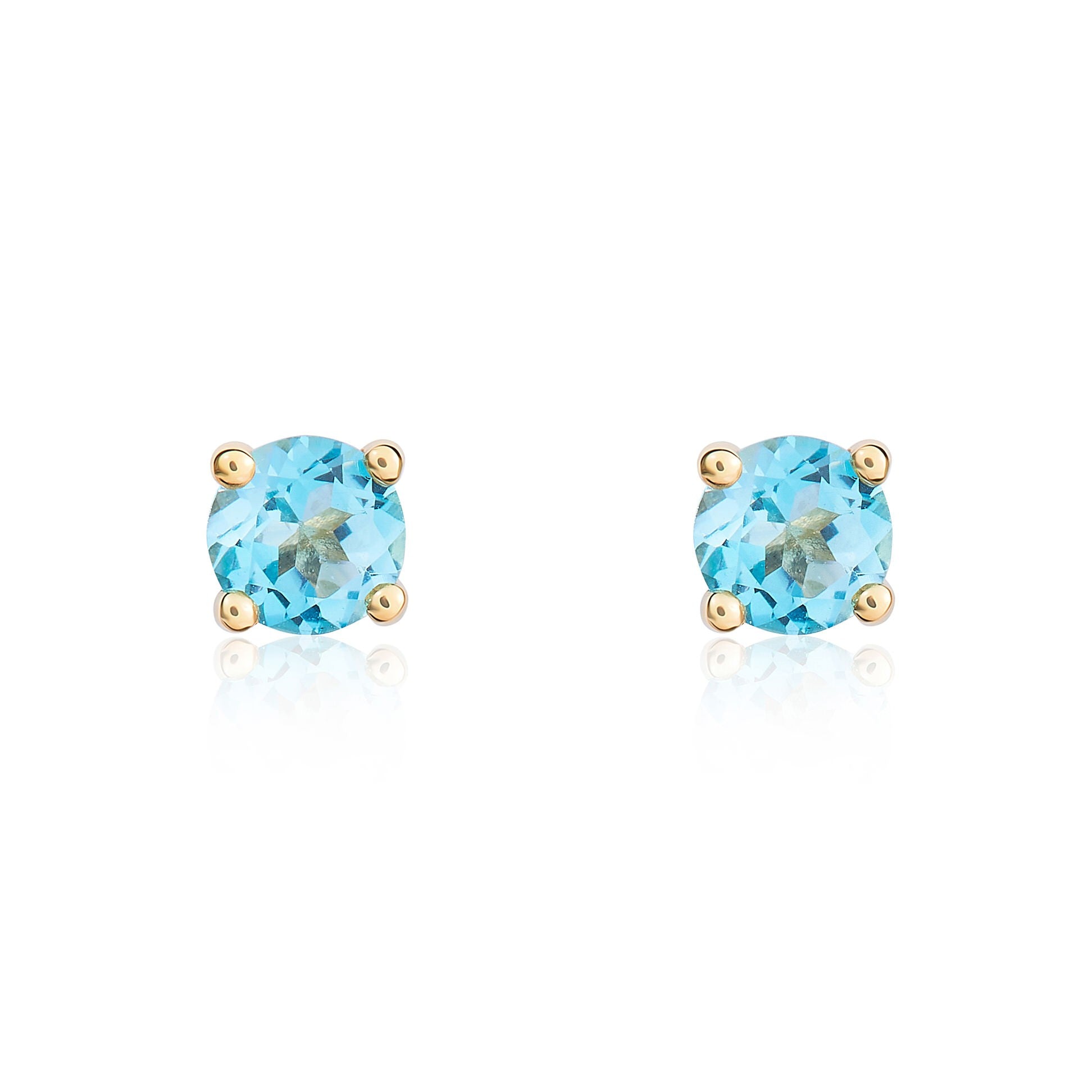 9CT YG 4MM ROUND SWISS BLUE TOPAZ 4 CLAW EARRINGS