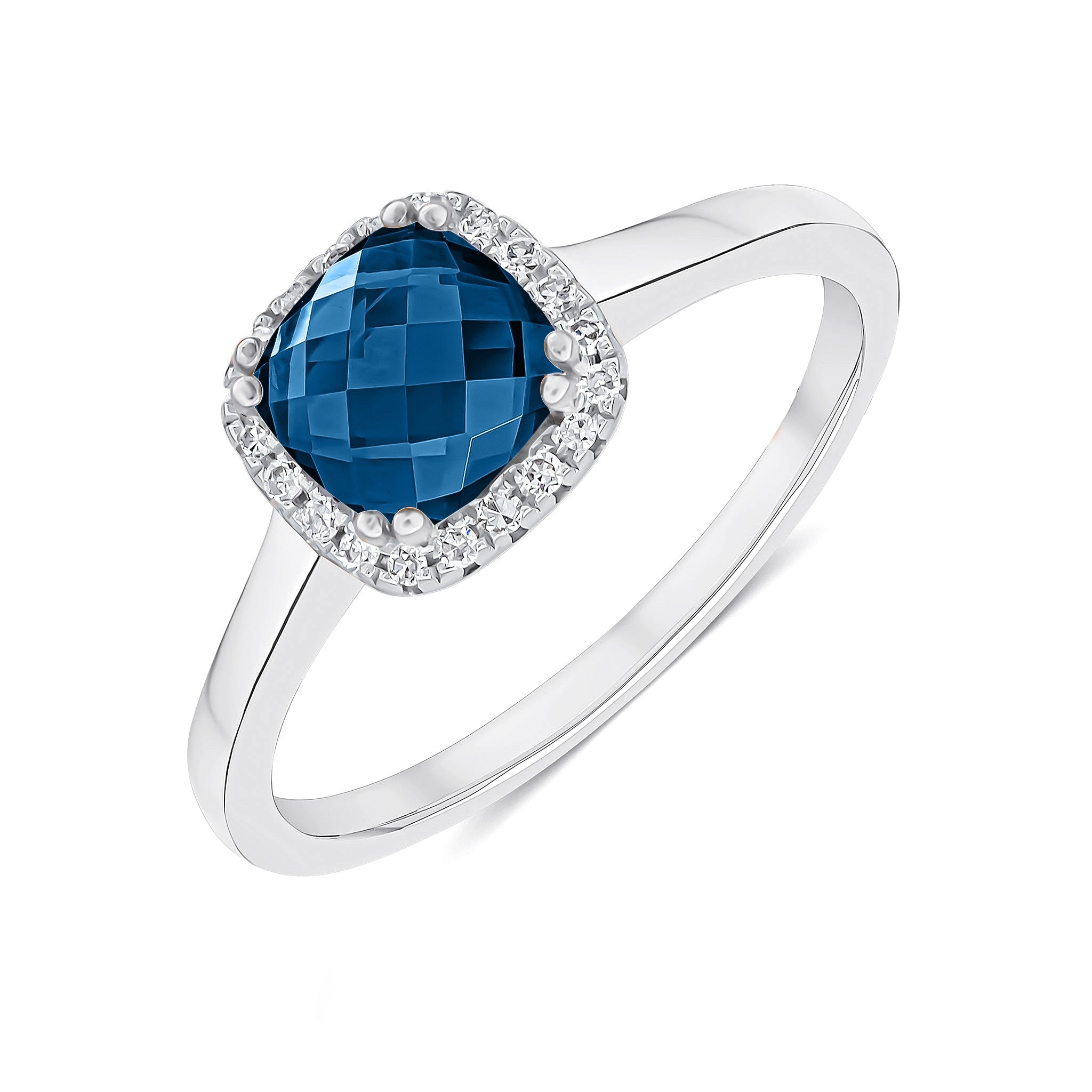 9CT WG 6MM CHECKERBOARD CUT CUSHION LONDON BLUE TOPAZ AND ROUND DIAMOND CLAW SET CLUSTER RING