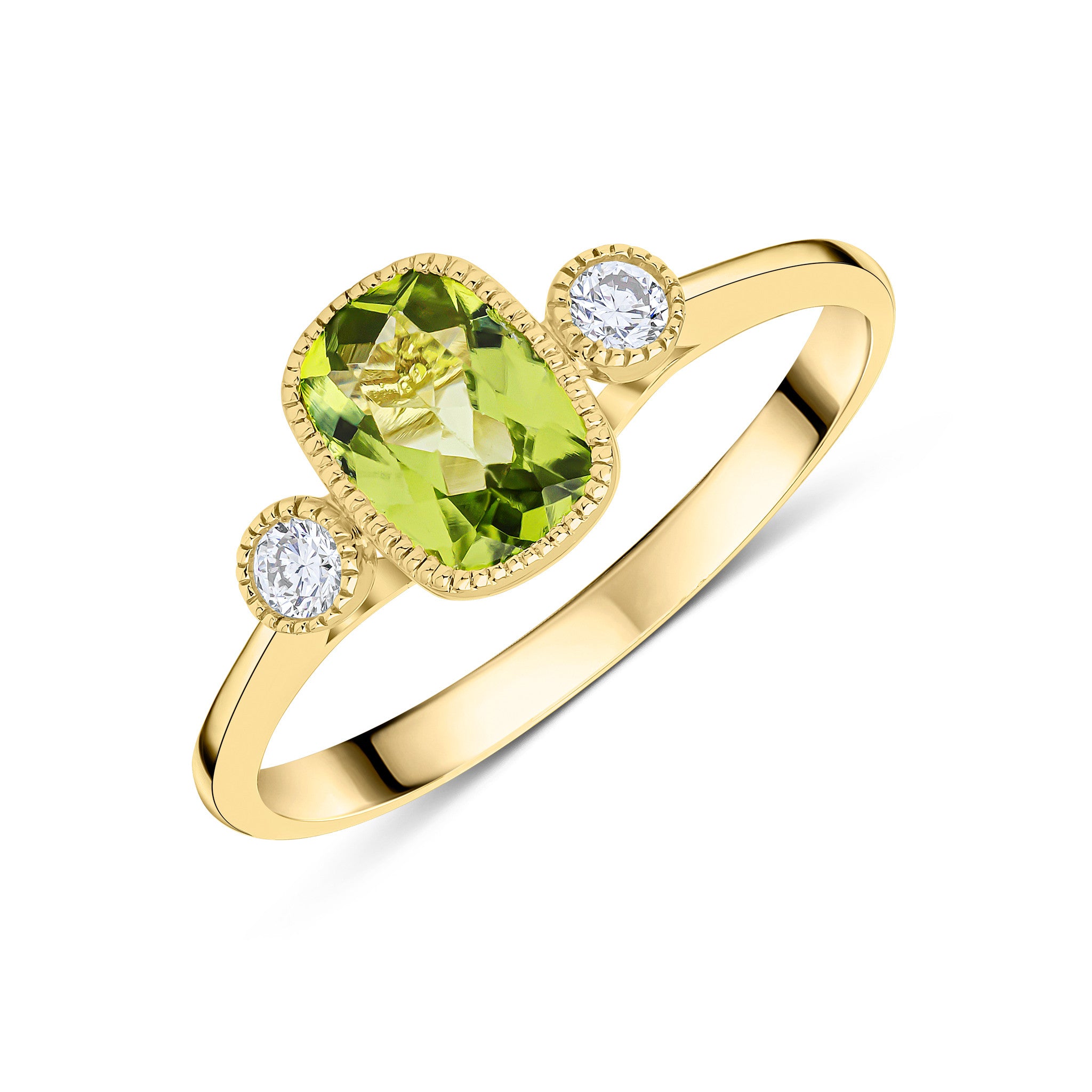9CT YG 7X5 CUSHION PERIDOT & ROUND DIAMOND MILLEGRAIN SET 3ST RING