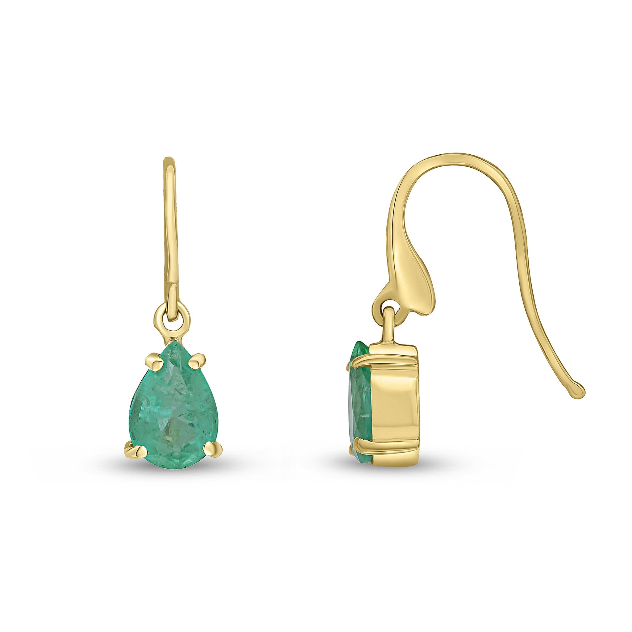 9CT YG 7X5MM PEARSHAPE EMERALD CLAW SET WIRE HOOK DROP EARRINGS