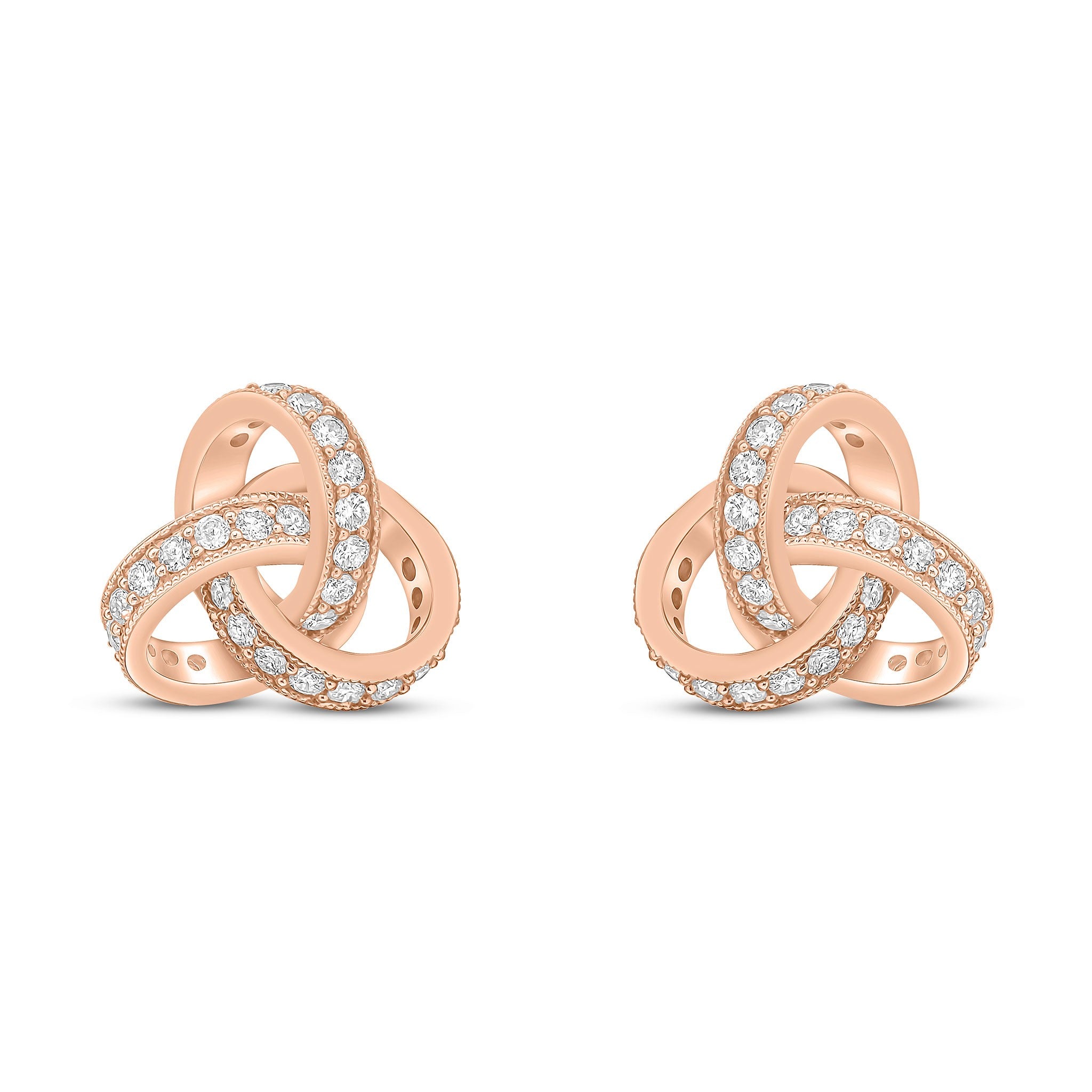 18CT ROSE GOLD ROUND DIAMOND GRAIN SET KNOT STUD EARRINGS. LARGE