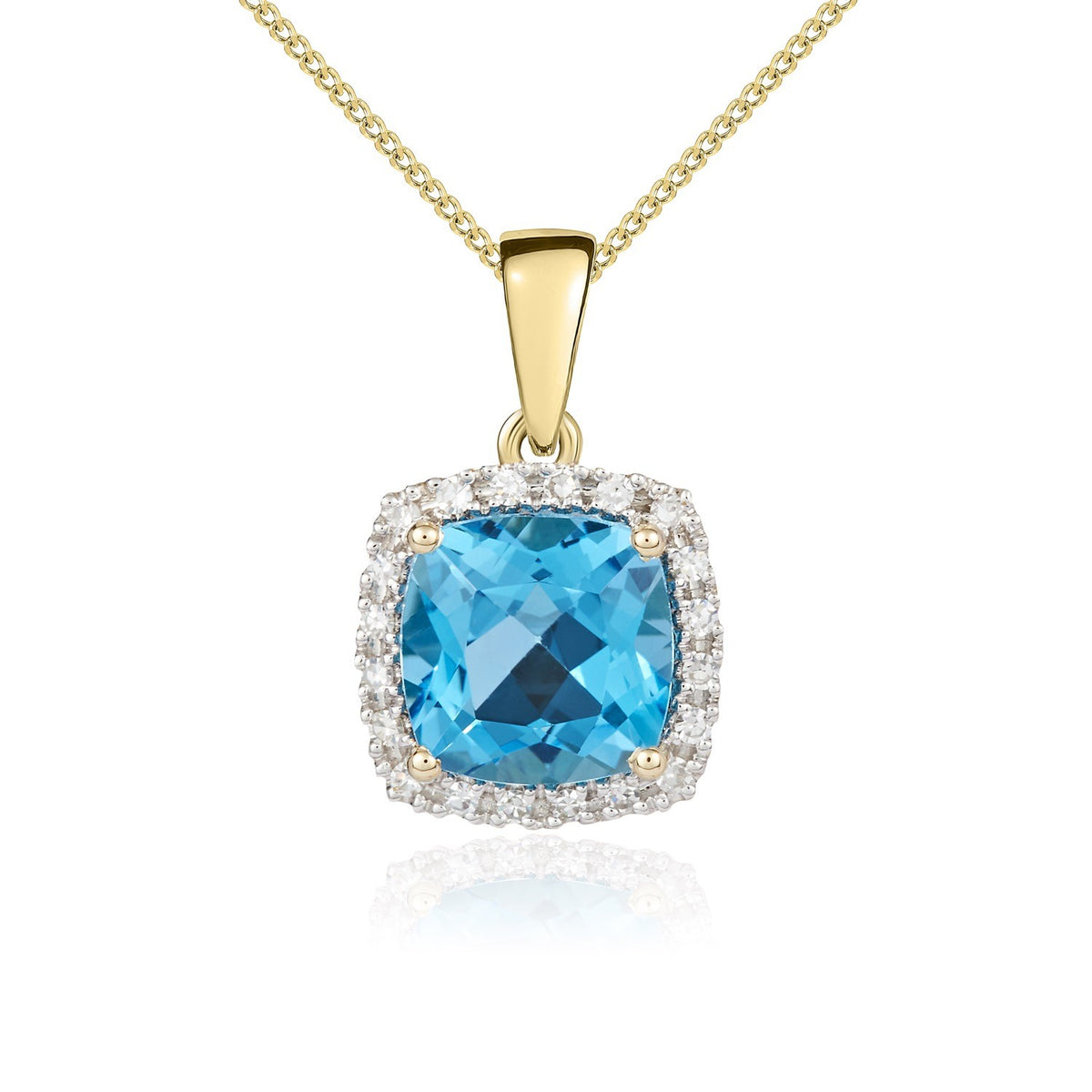 9CT YG 8MM CUSHION SWISS BLUE TOPAZ AND ROUND DIAMOND CLAW SET CLUSTER PENDANT WITH PLAIN LOOP TOP
