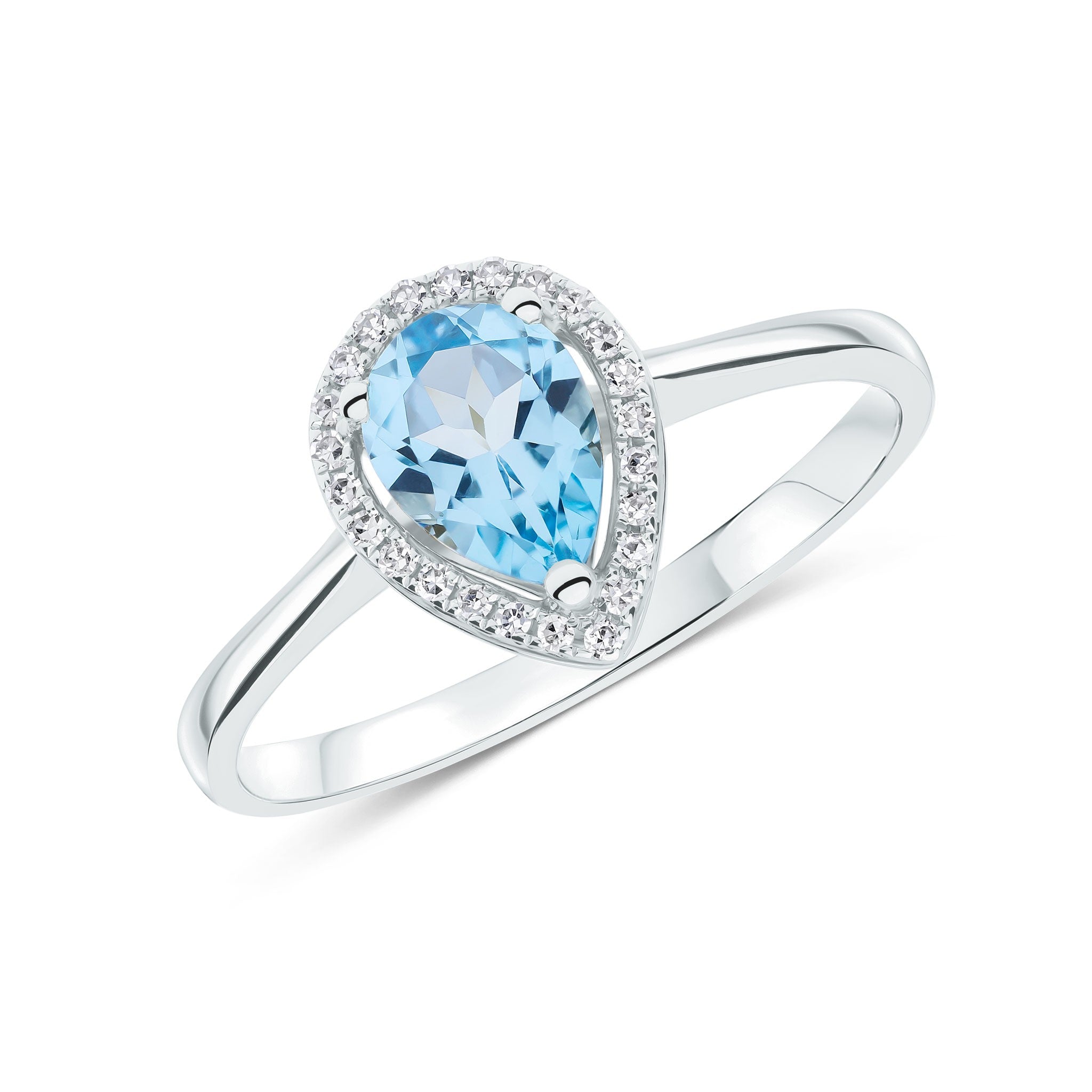 9CT WG 7X5 PEARSHAPE SWISS BLUE TOPAZ & ROUND DIAMOND CLAW SET HALO CLUSTER RING