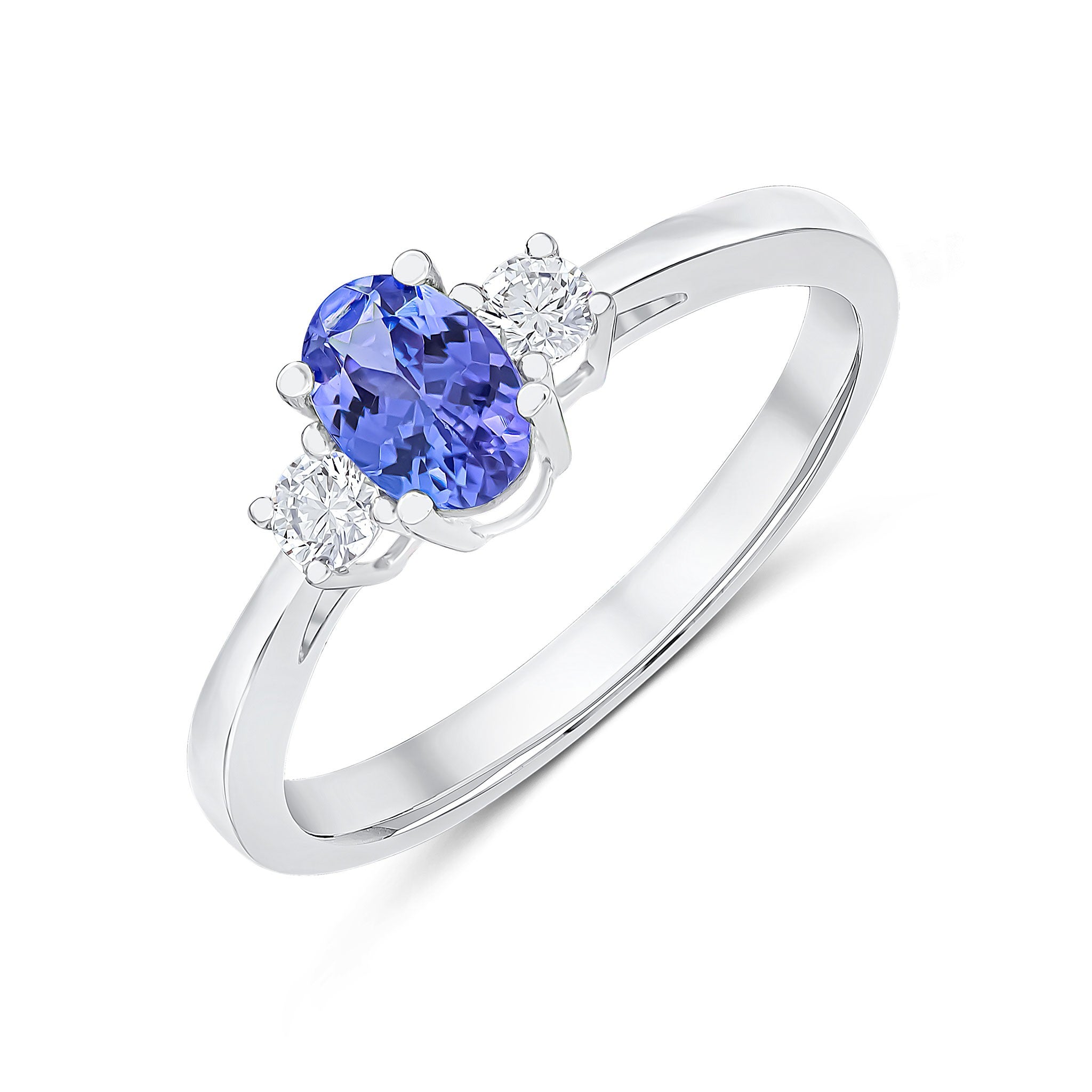 9CT WG 6X4 OVAL TANZANITE AND ROUND DIAMOND CLAW SET 3ST RING