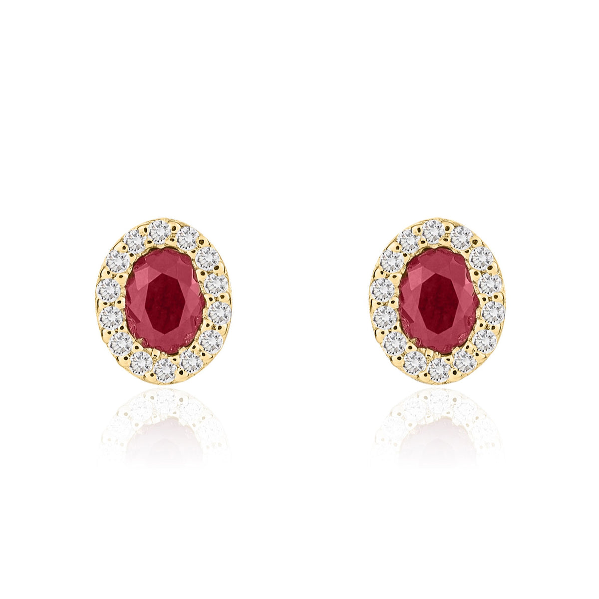 18CT YG 4X3 OVAL RUBY & DIAMOND MICROSET CLUSTER EARRINGS