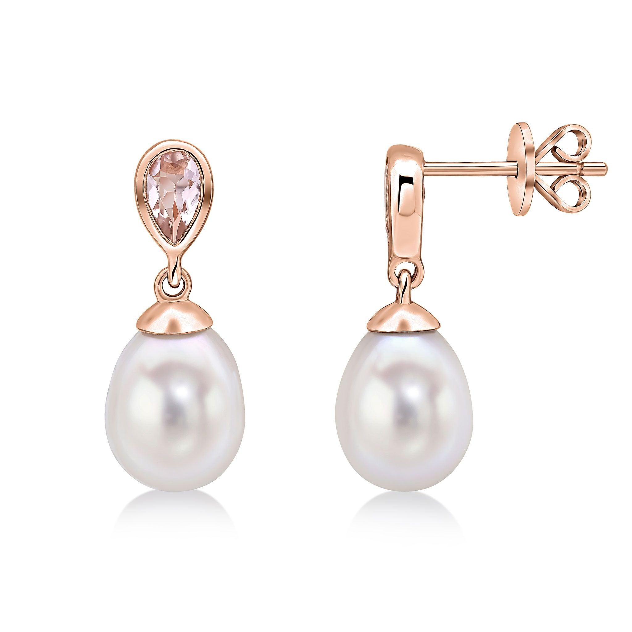 9CT RG PEARL & SINGLE PEARSHAPE MORGANITE DROP EARRINGS