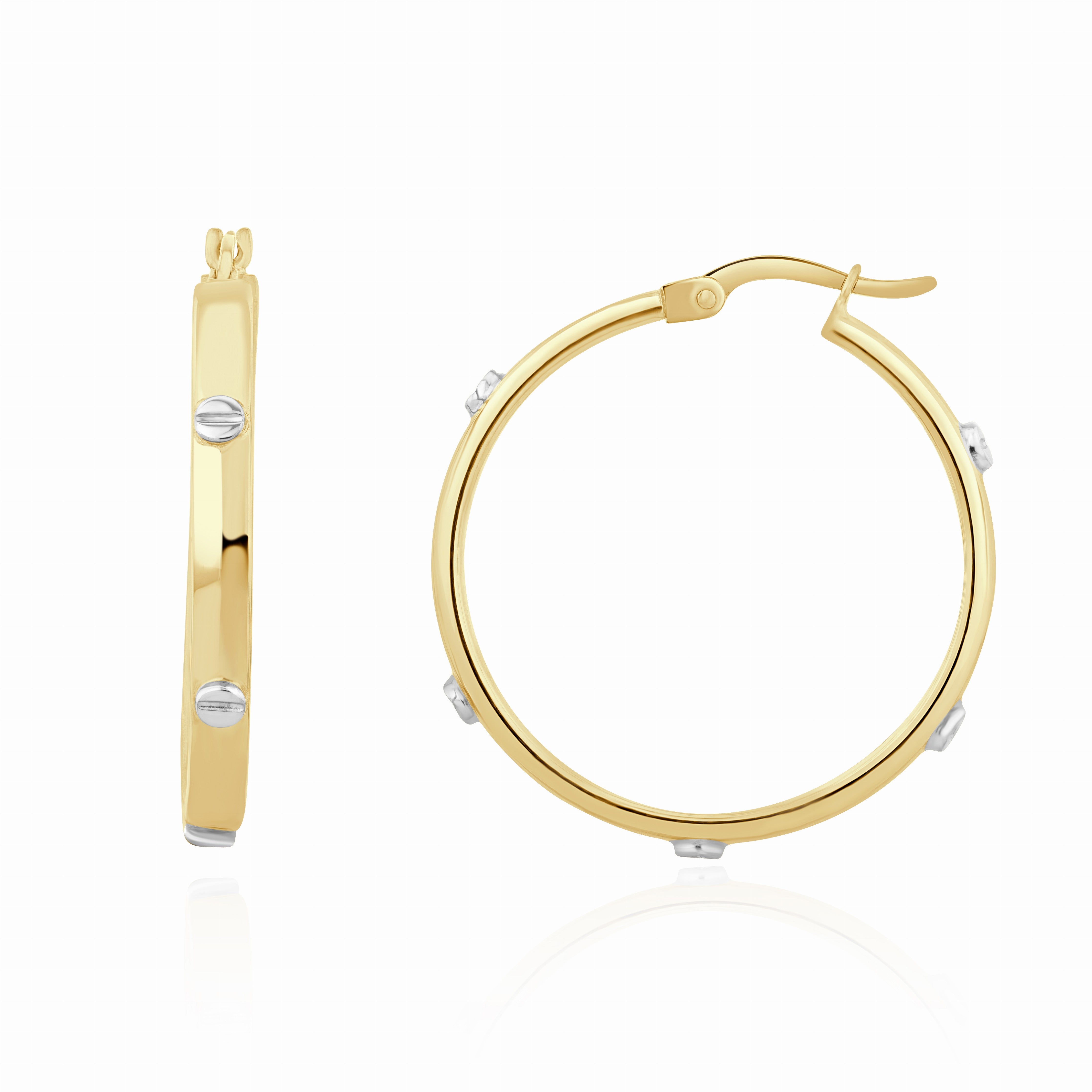9CT YG SQUARE PROFILE HOOP EARRINGS WITH WG SCREW MOTIFS. 28MM OUTER DIAMETER
