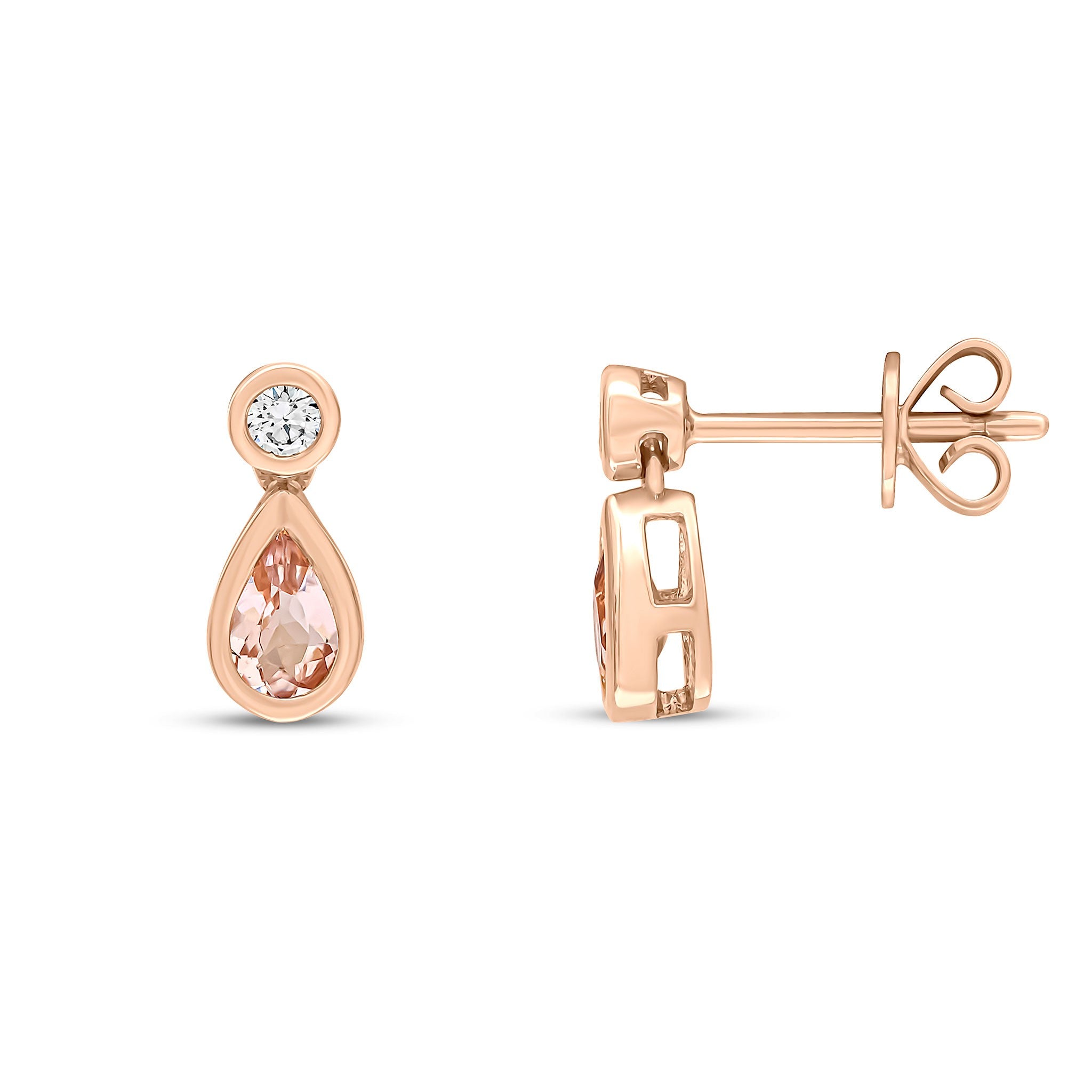 18CT RG PEARSHAPE MORGANITE & ROUND DIAMOND TWO STONE DROP EARRINGS