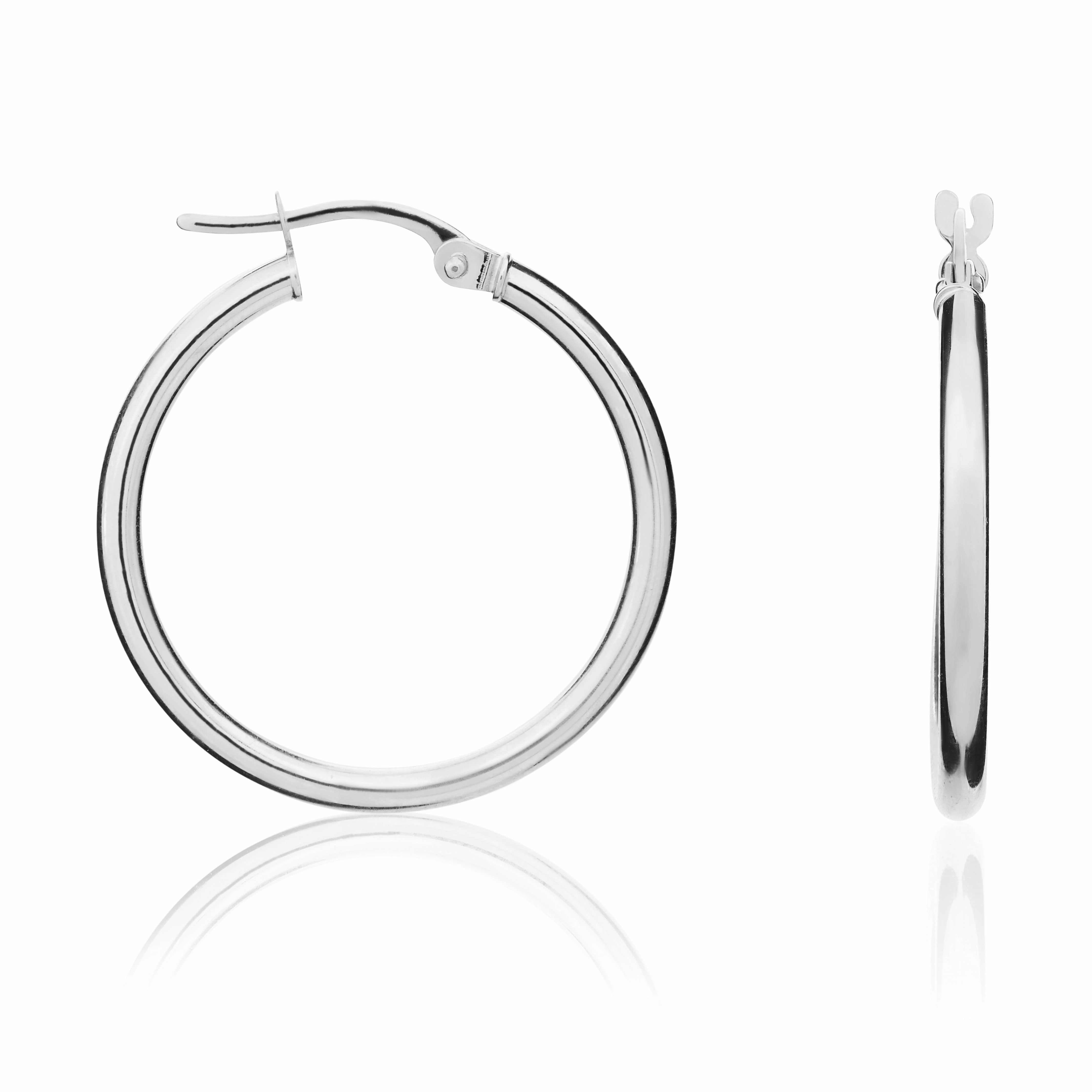 18CT WG POLISHED 2MM ROUND TUBE HOOP EARRINGS. 24MM OUTER DIAMETER