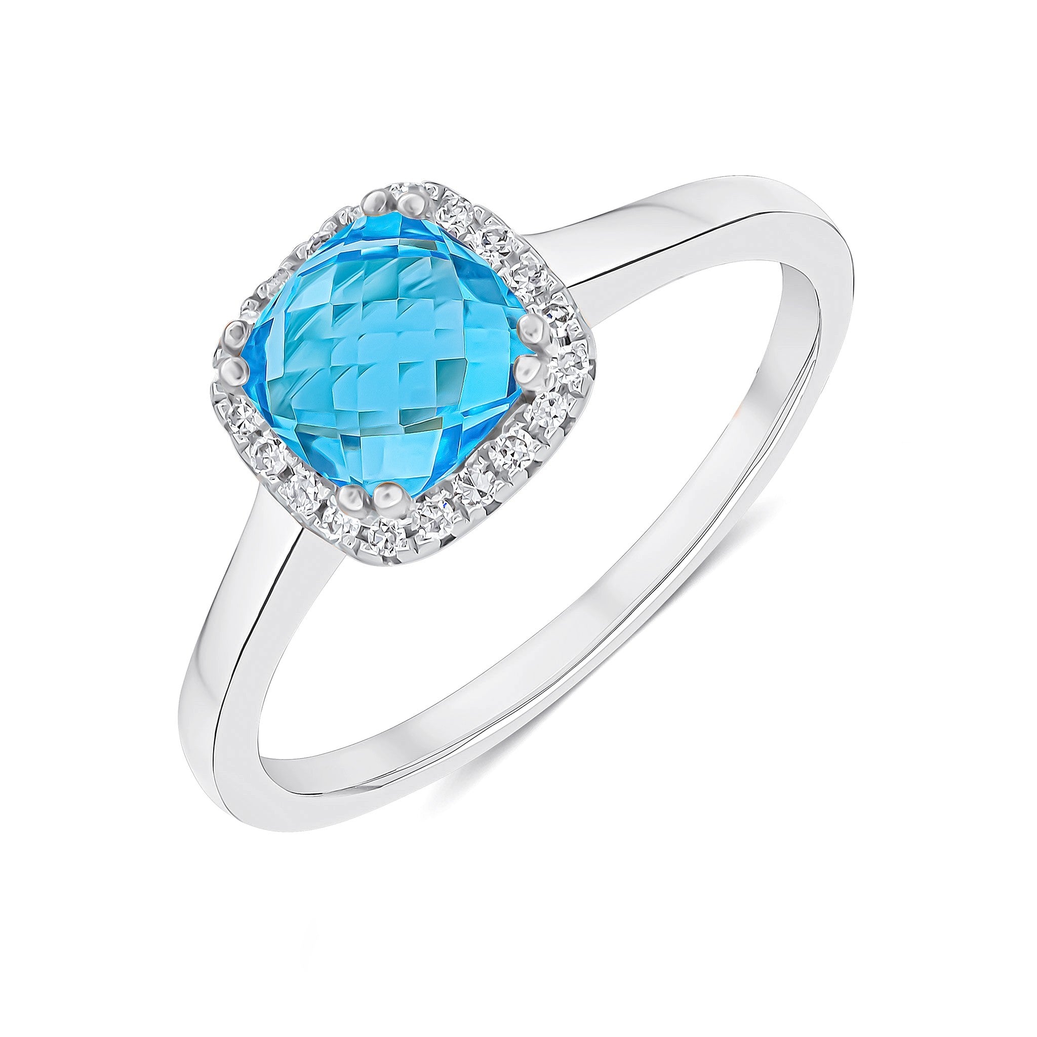 9CT WG 6MM CHECKERBOARD CUT CUSHION SWISS BLUE TOPAZ AND ROUND DIAMOND CLAW SET CLUSTER RING