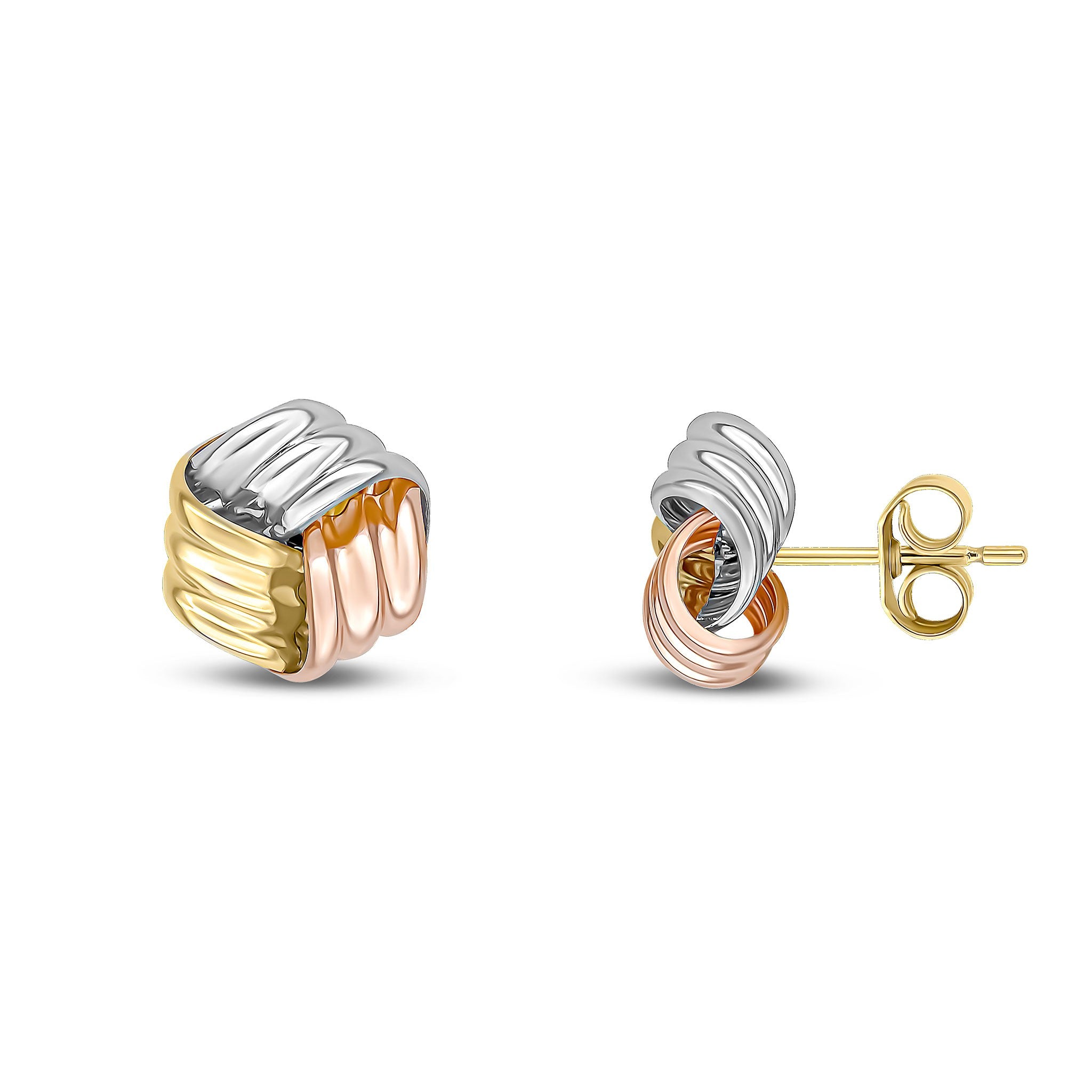 9CT YELLOW, WHITE AND ROSE GOLD RIBBED KNOT STUD EARRINGS