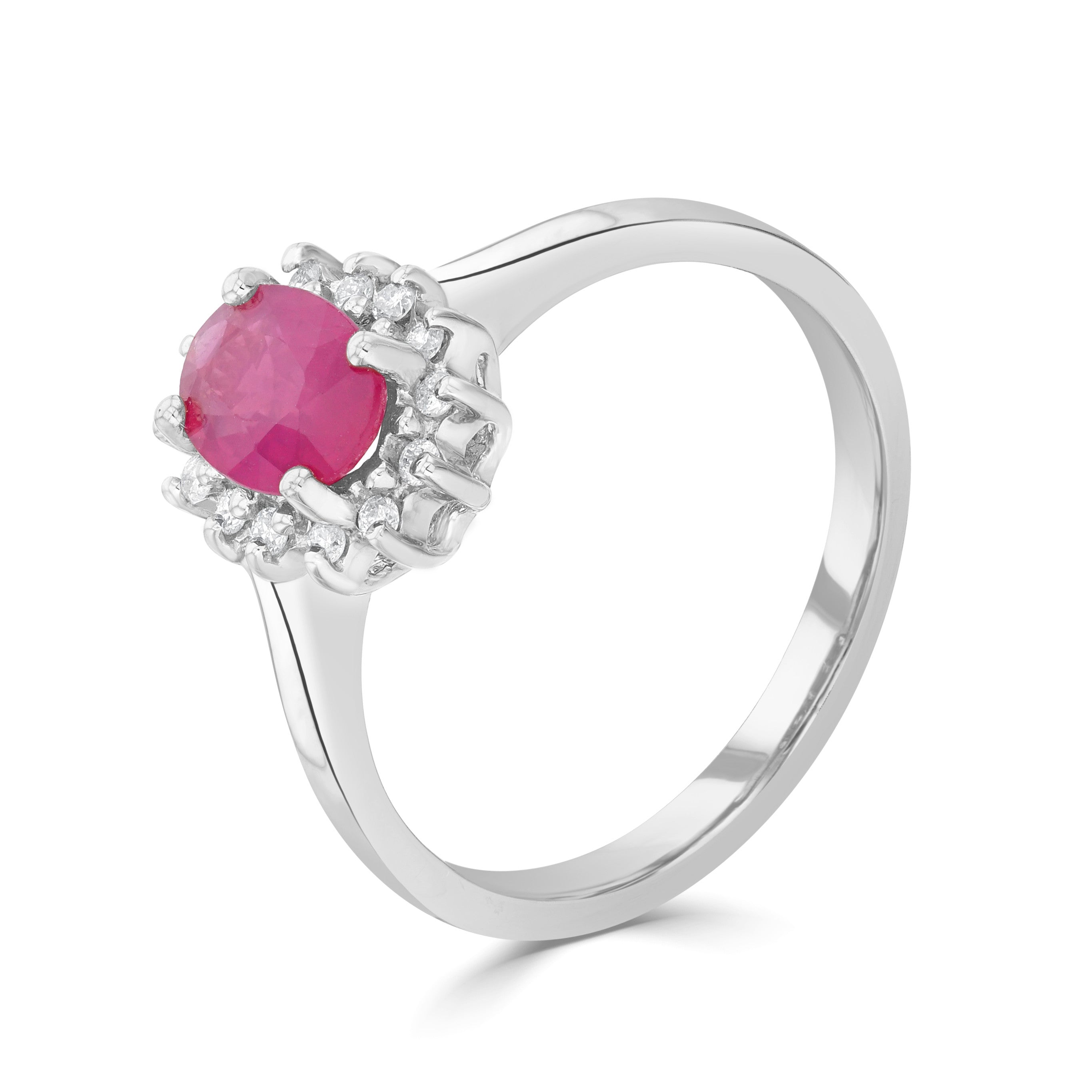 9CT WG 7X5 OVAL RUBY & DIAMOND CLAW SET CLUSTER RING