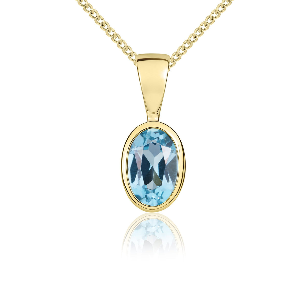 9CT YG 6X4 OVAL SWISS BLUE TOPAZ RUBOVER SET PENDANT