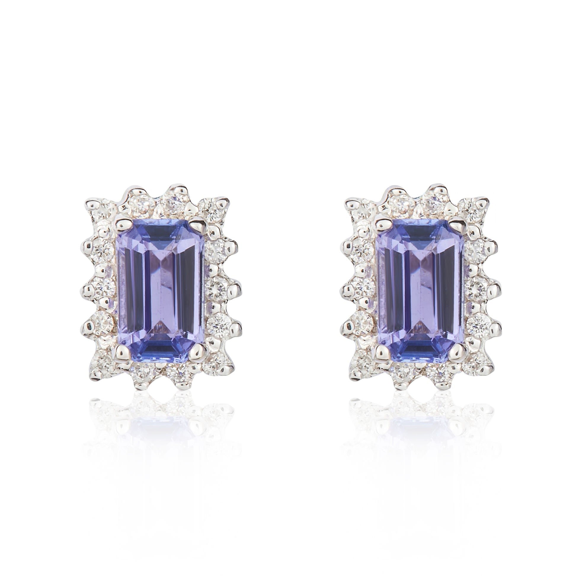 9CT WG 5X3 OCTAGON TANZANITE & DIAMOND CLAW SET CLUSTER EARRINGS
