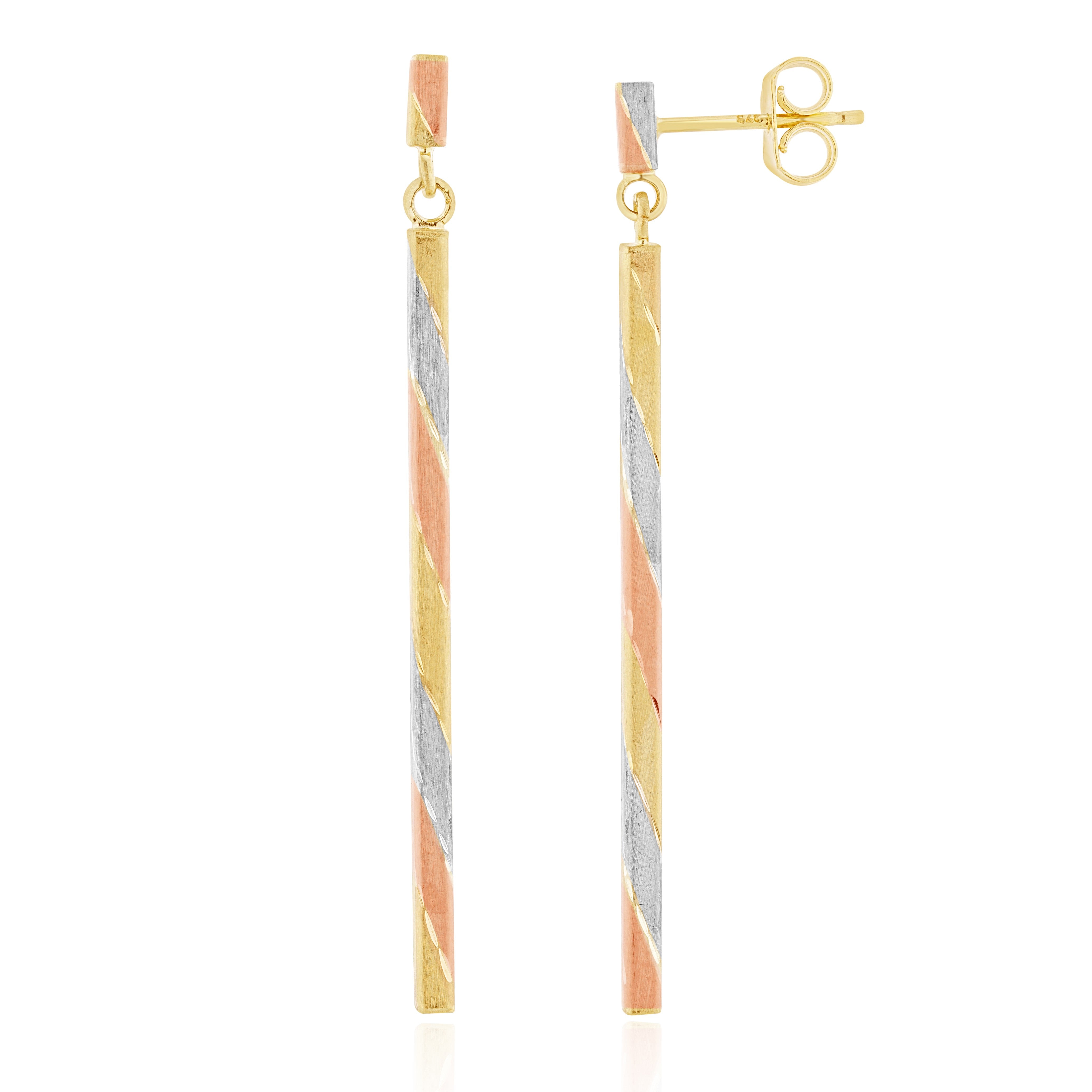 9CT THREE COLOUR GOLD SATIN STRIPED BAR DROP EARRINGS