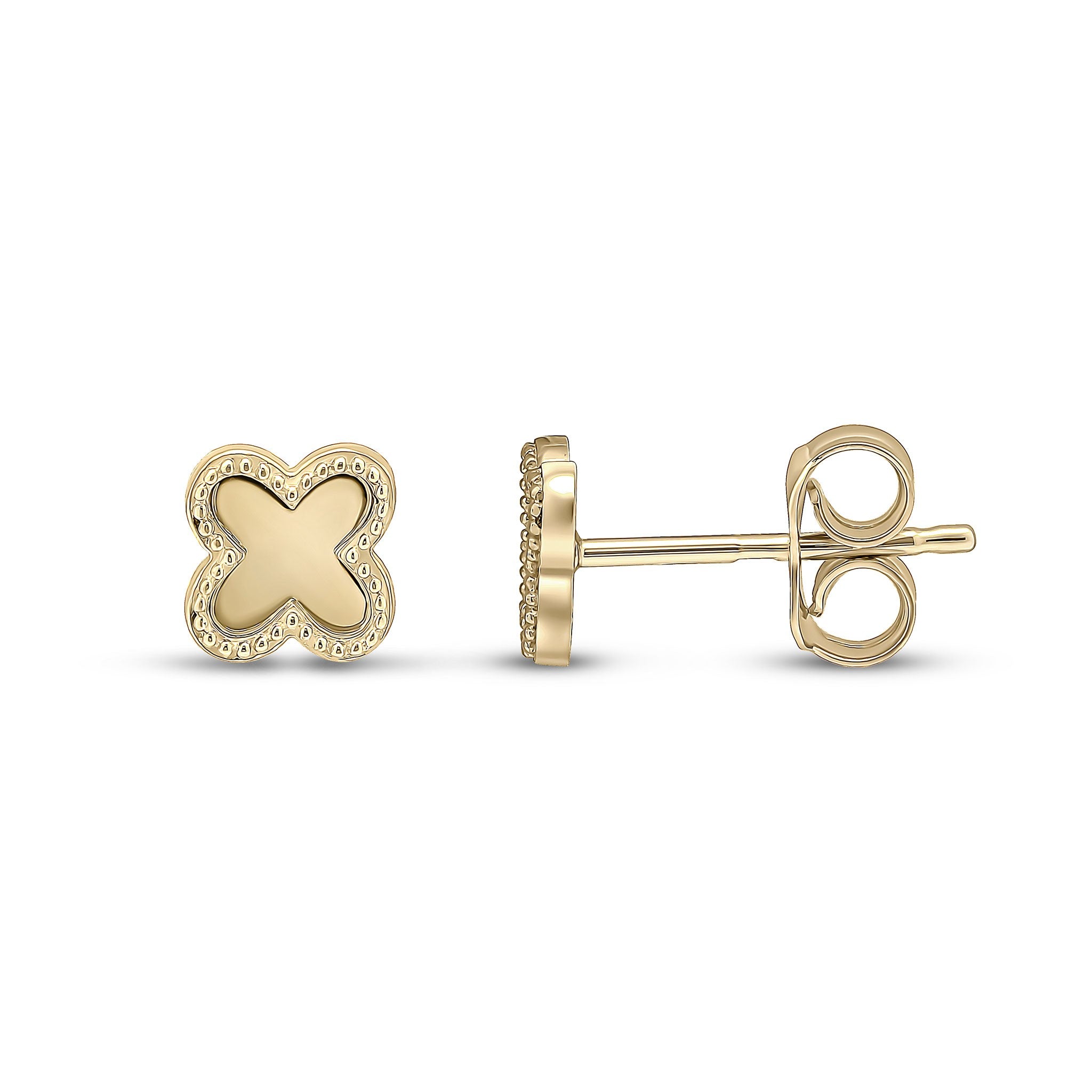 9CT YG POLISHED QUATREFOIL STUD EARRINGS WITH BEADED EDGE. SMALL