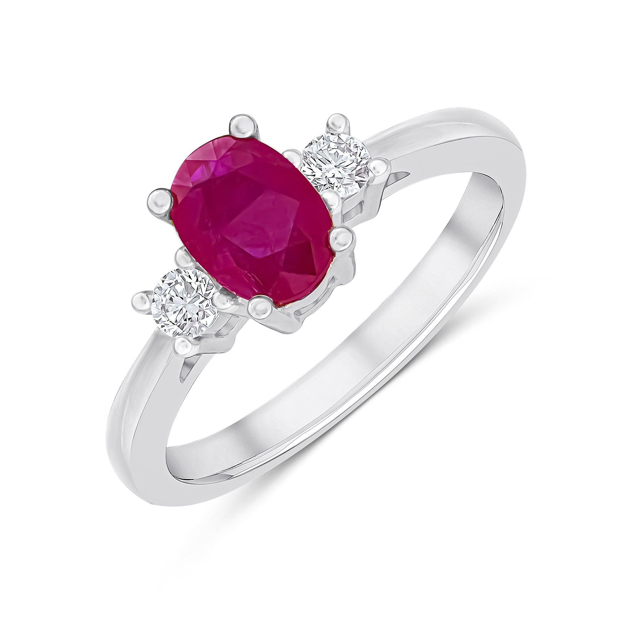 9CT WG 7X5 OVAL RUBY AND DIAMOND CLAW SET 3ST RING