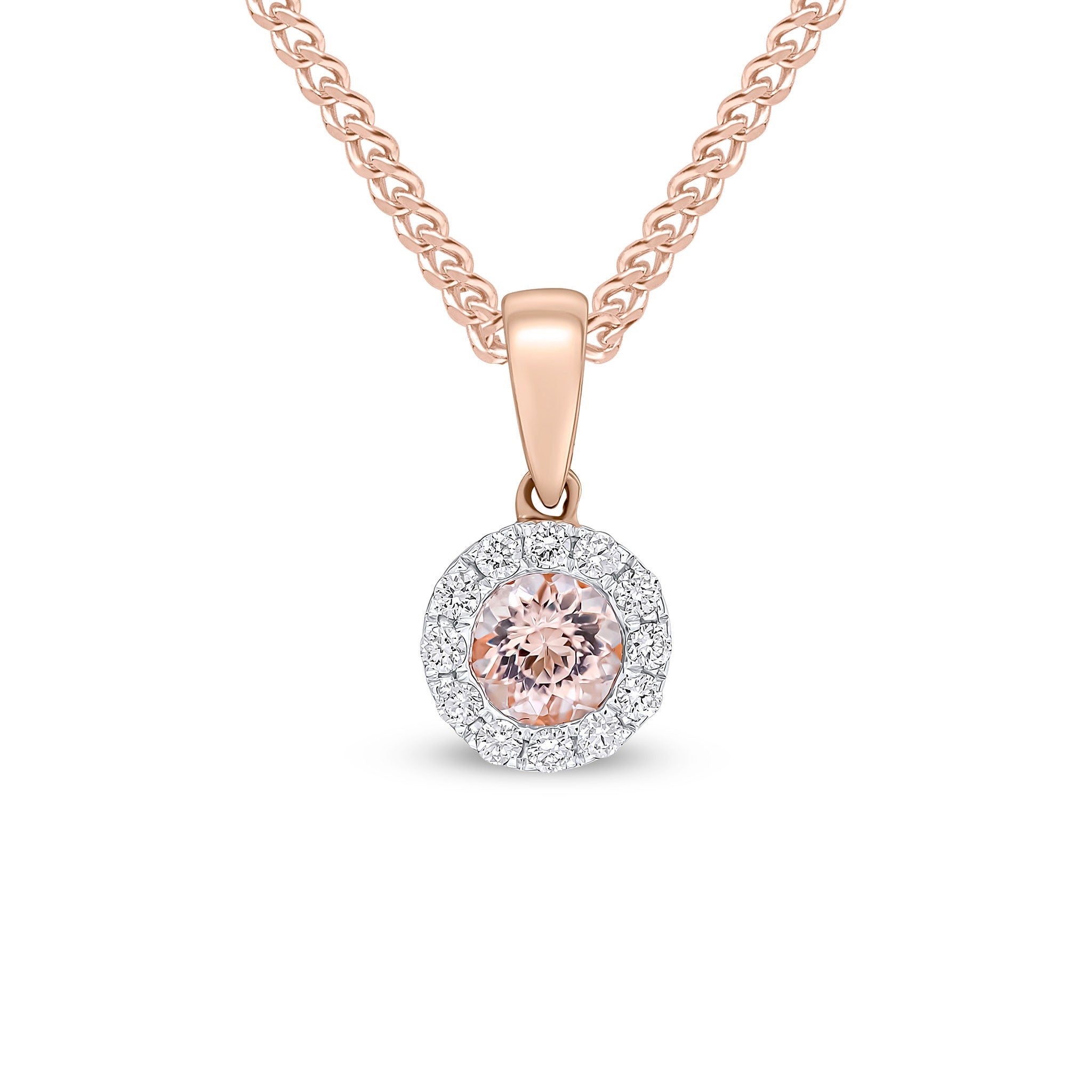 18CT RG 4MM ROUND MORGANITE & DIAMOND MICROSET CLUSTER PENDANT WITH PLAIN LOOP