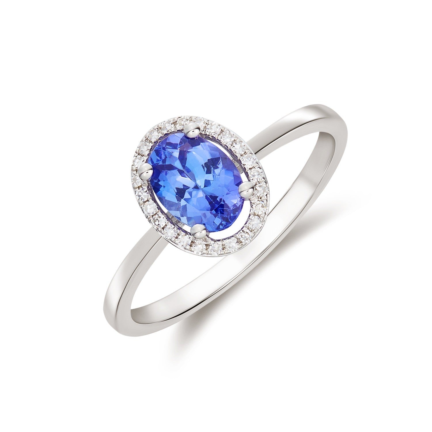 9CT WG 7X5 OVAL TANZANITE & ROUND DIAMOND HALO CLUSTER RING.