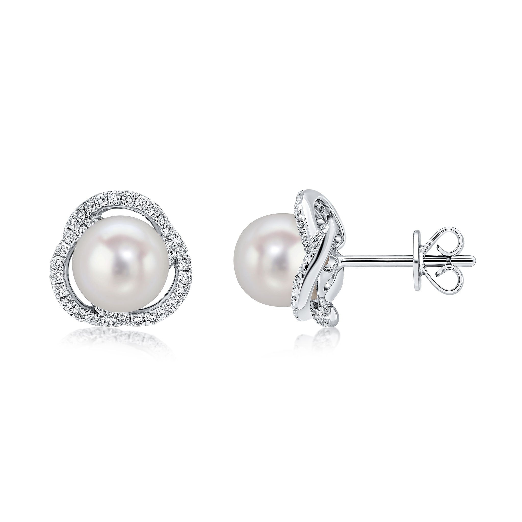 18CT WG FRESHWATER CULTURED PEARL AND DIAMOND SWIRL ROUND CLUSTER EARRINGS