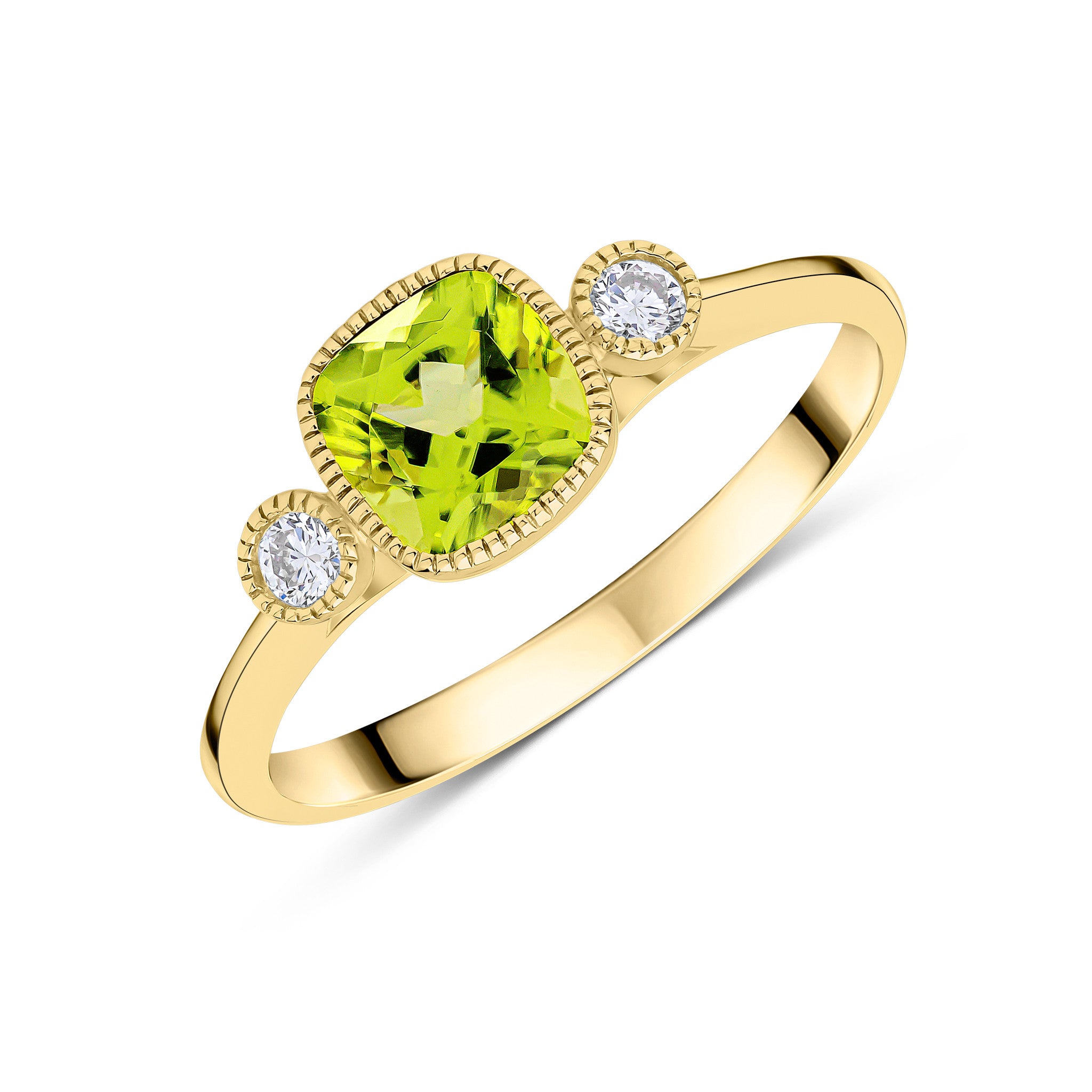 9CT YG 6MM CUSHION PERIDOT & ROUND DIAMOND MILLEGRAIN SET 3ST RING