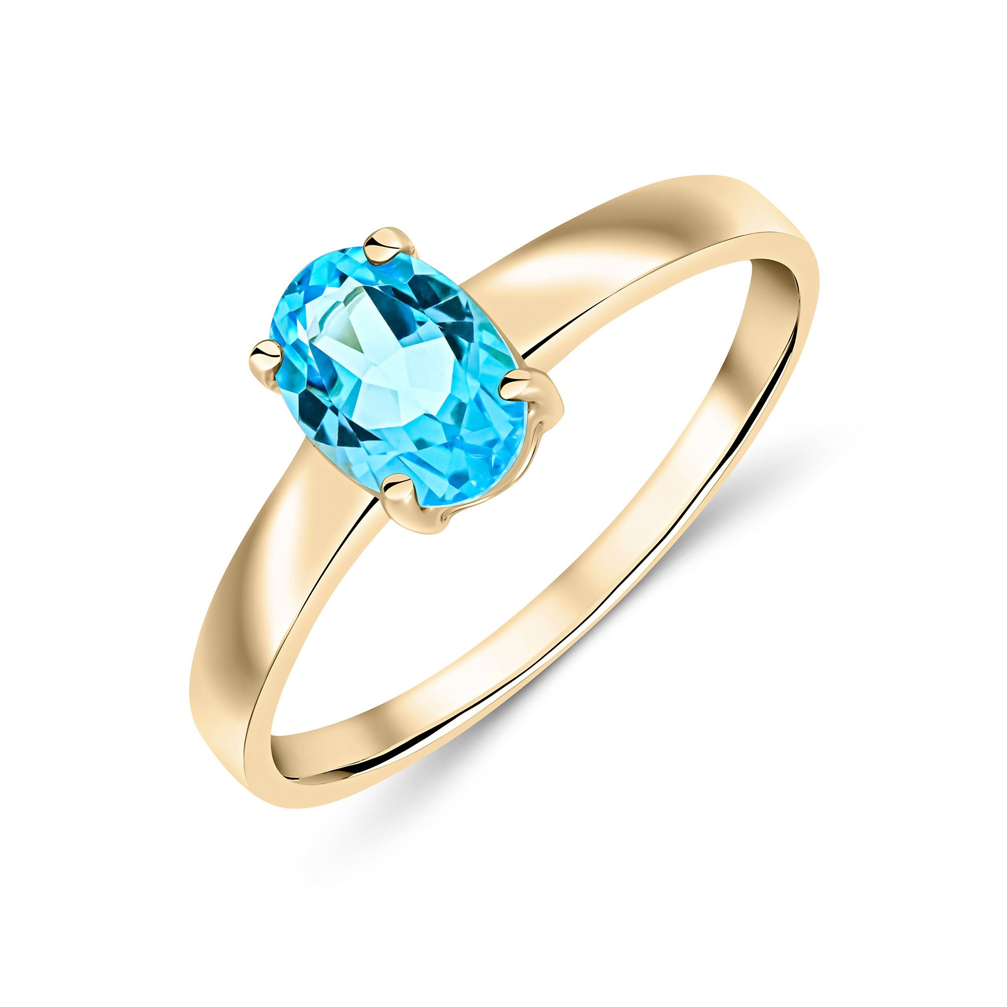 9CT YG 7X5 OVAL SWISS BLUE TOPAZ 4 CLAW SINGLE STONE RING