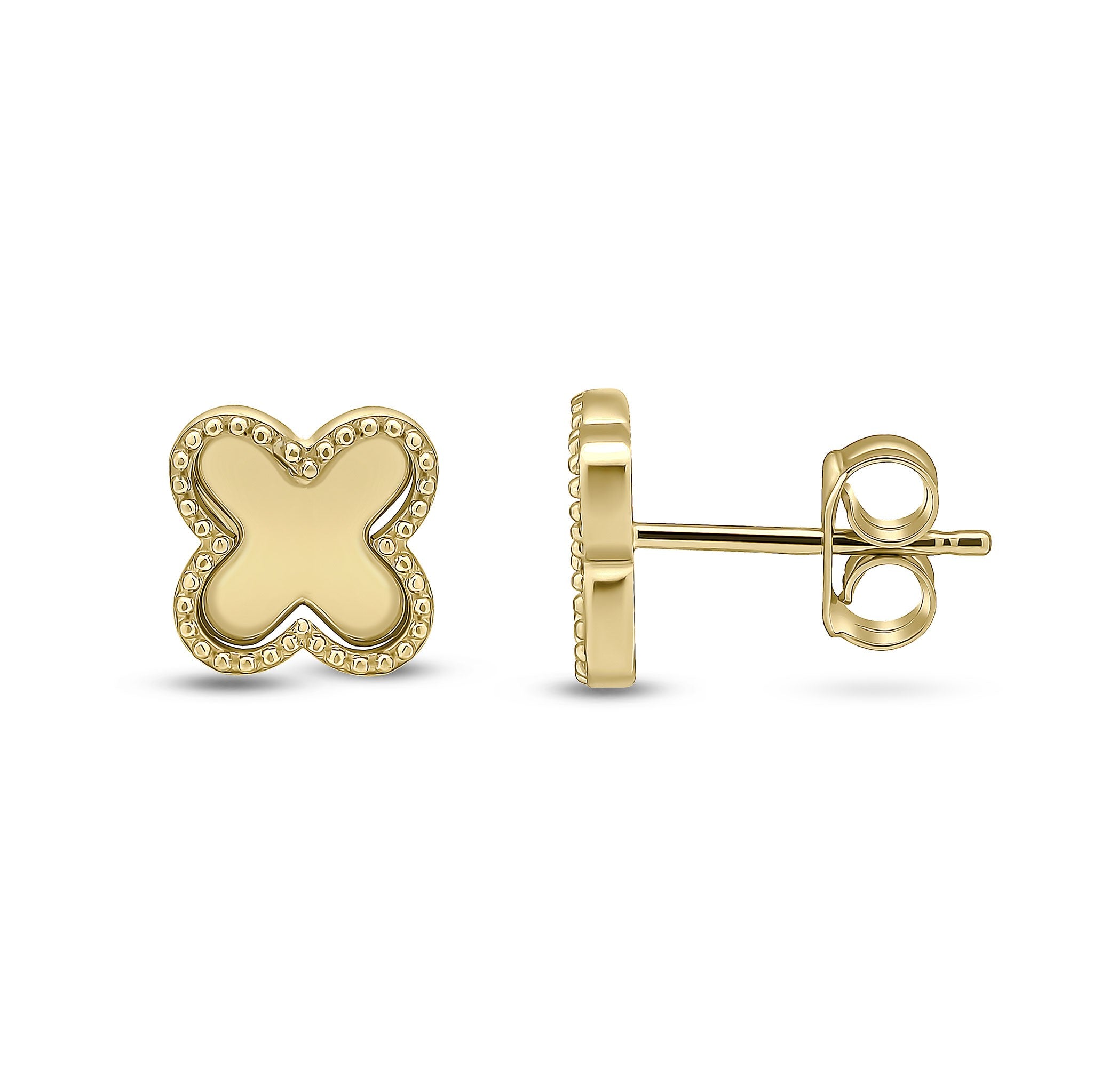 9CT YG PLAIN QUATREFOIL STUD EARRINGS WITH BEADED EDGE. LARGE