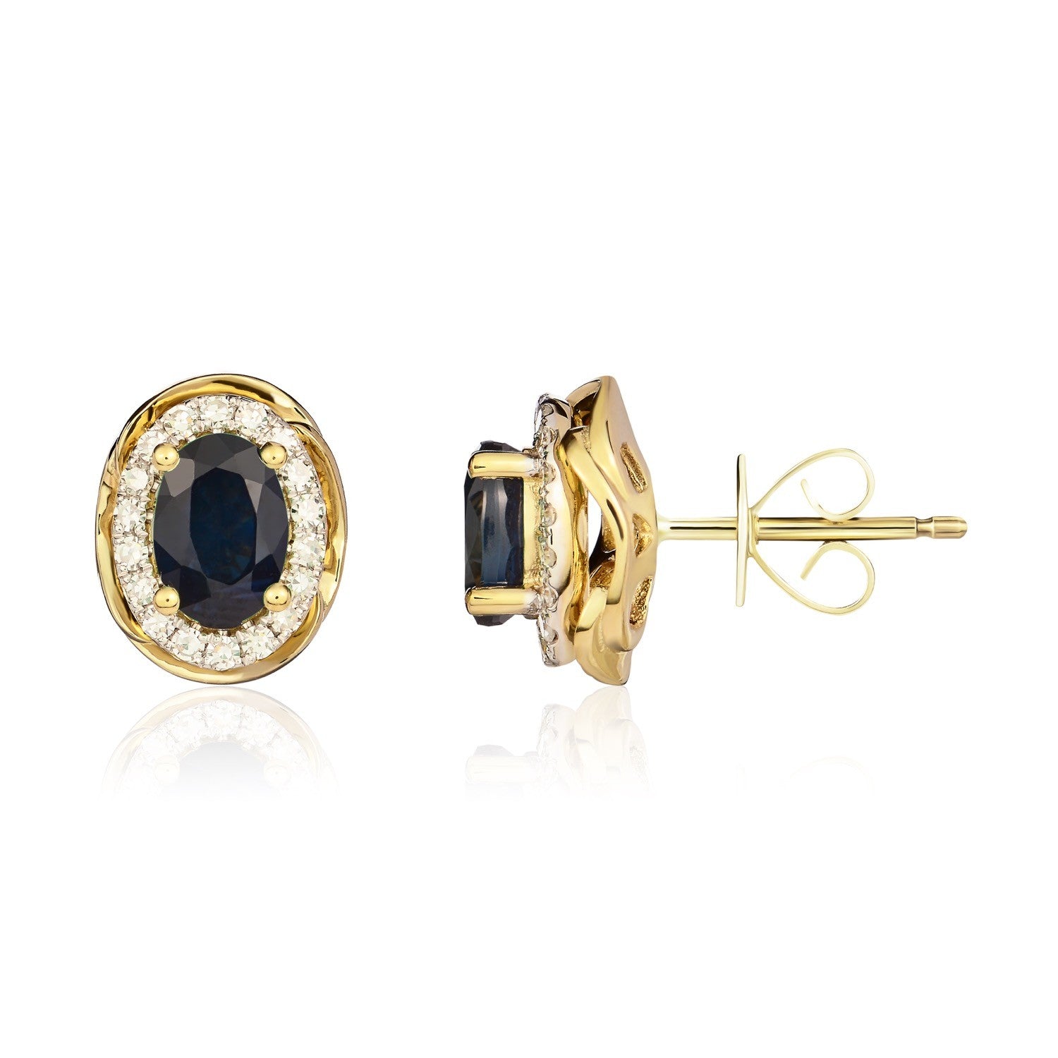 9CT YG 7X5 OVAL SAPPHIRE & DIAMOND CLUSTER EARRINGS WITH ROPE EDGE. RHODIUM TO DIAMONDS