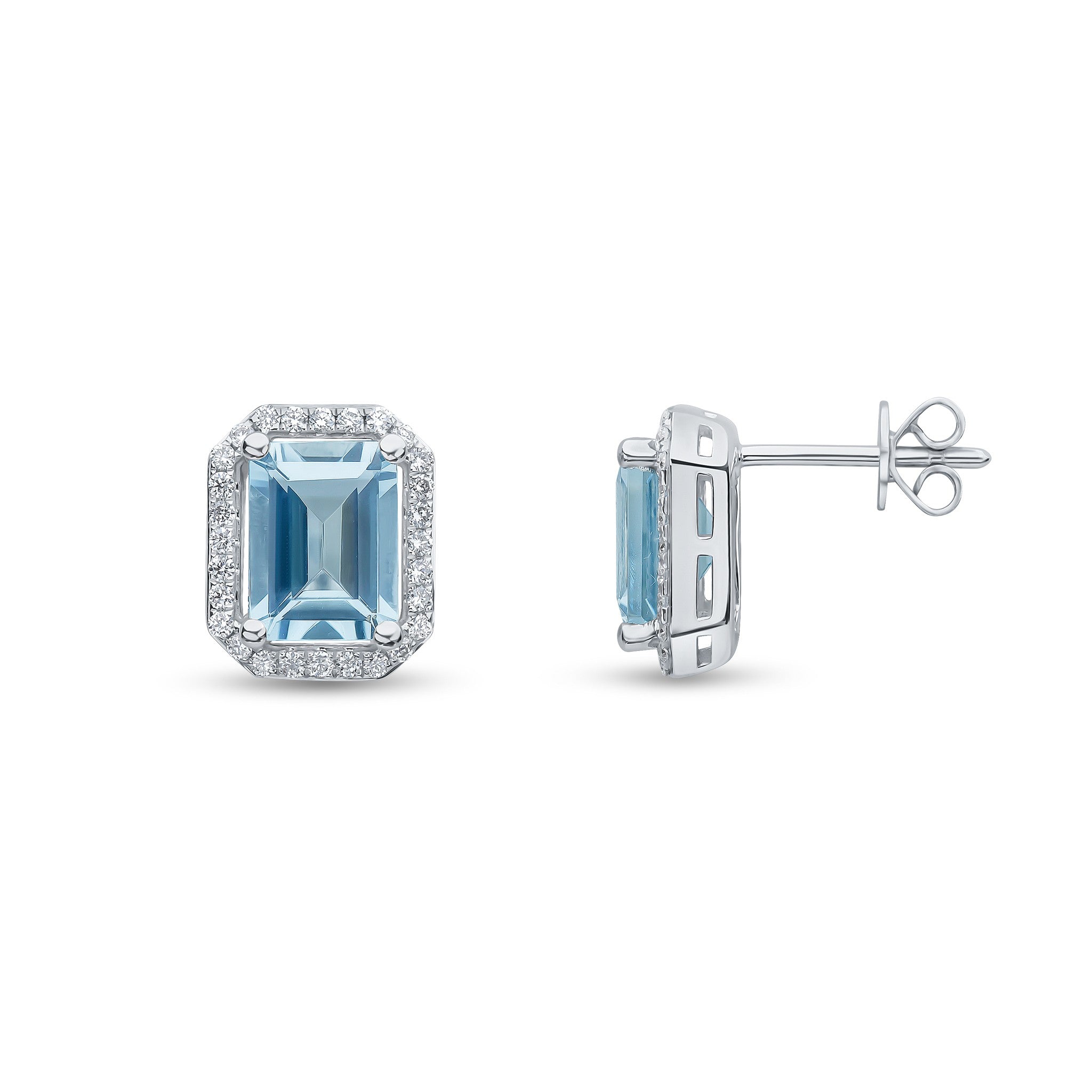 18CT WG OCTAGON AQUA & DIAMOND HALO CLUSTER EARRINGS