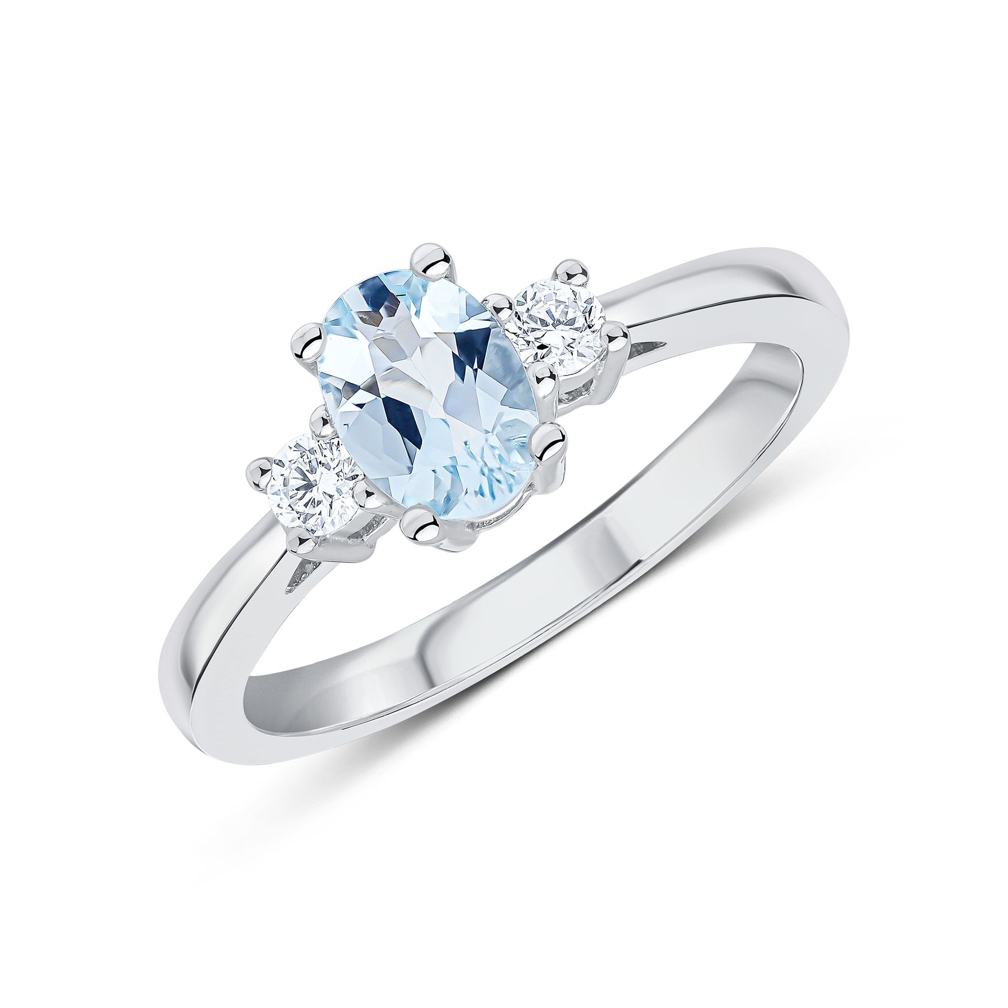 9CT WG 7X5 OVAL AQUA AND ROUND DIAMOND CLAW SET 3ST RING