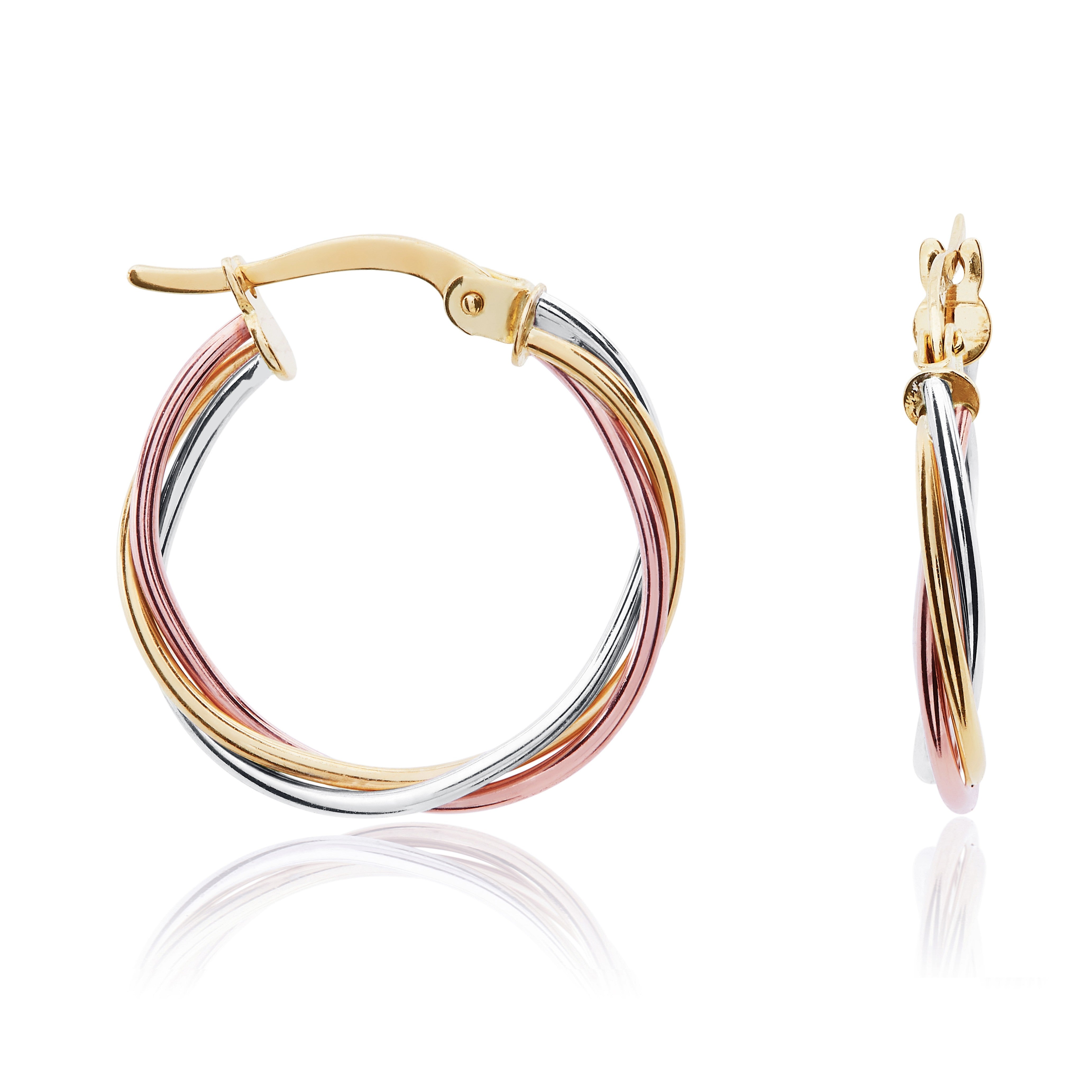 9CT YELLOW,WHITE AND ROSE GOLD THIN WIRE RUSSIAN HOOP EARRINGS. 19MM OUTER DIAMETER