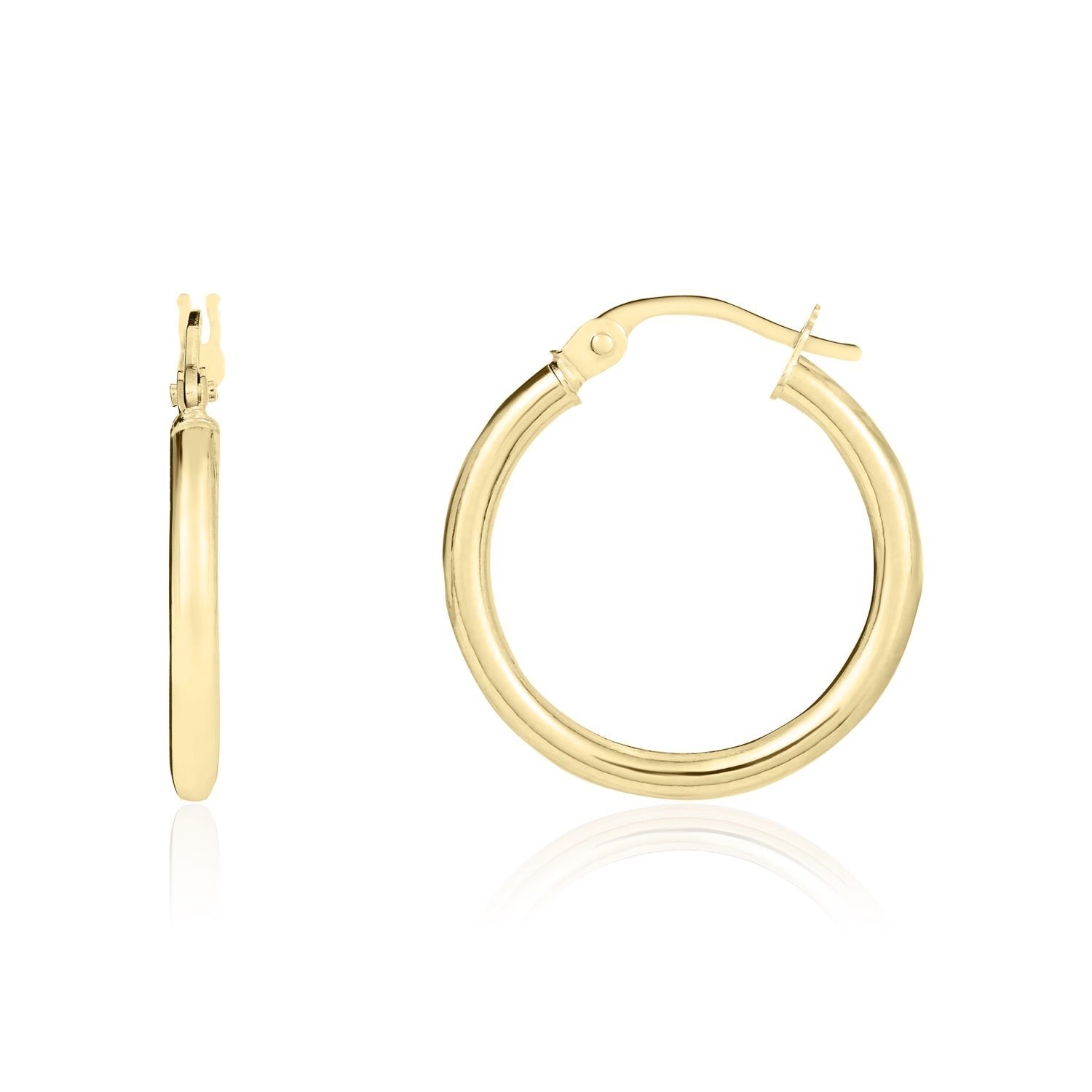 18CT YG POLISHED 2MM ROUND TUBE HOOP EARRINGS. 19MM OUTER DIAMETER