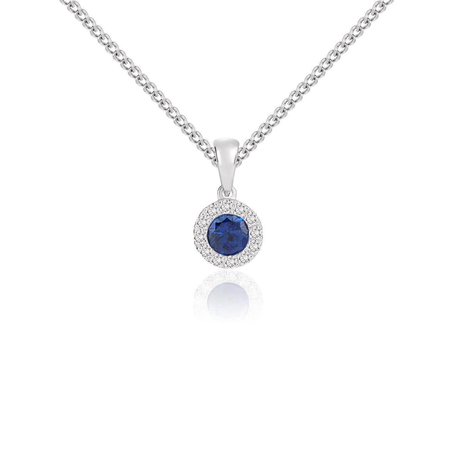 18CT WG 4MM ROUND SAPPHIRE AND DIAMOND MICROSET CLUSTER PENDANT WITH PLAIN LOOP