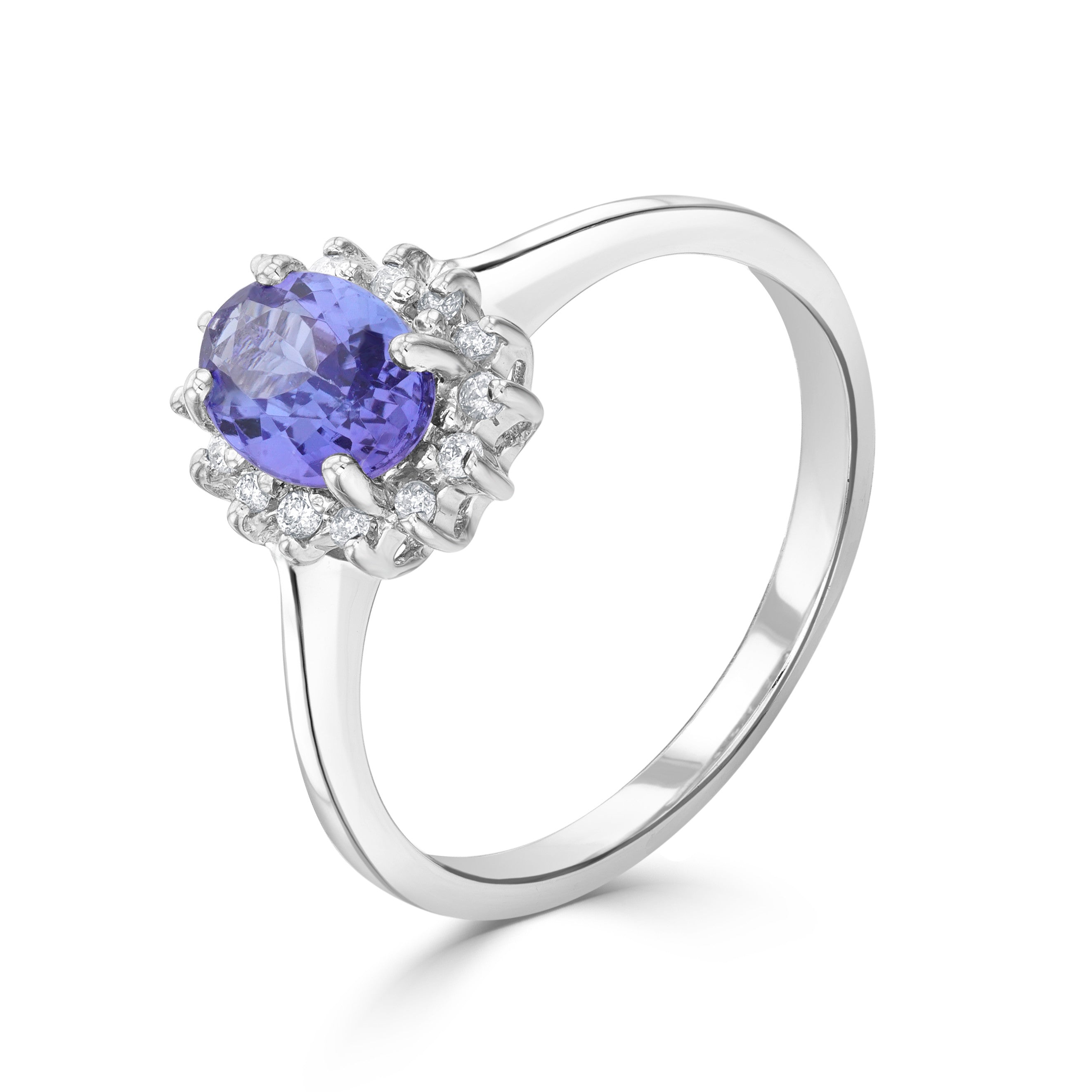 9CT WG 7X5 OVAL TANZANITE & DIAMOND CLAW SET CLUSTER RING